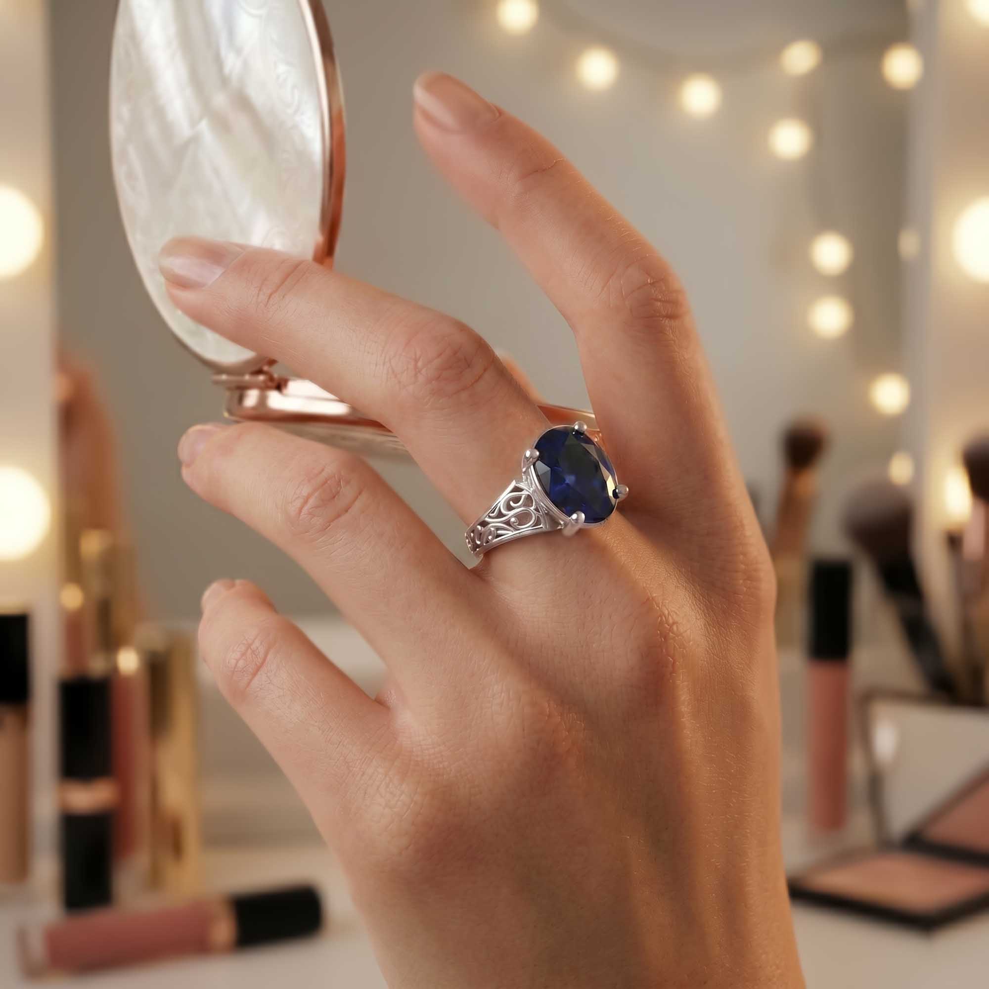 Blue Sapphire (Neelam) Ring for Women in 925 Sterling Silver – Oval 11x8 mm, Prong Setting, 4 g (Design K14-2) thumbnail