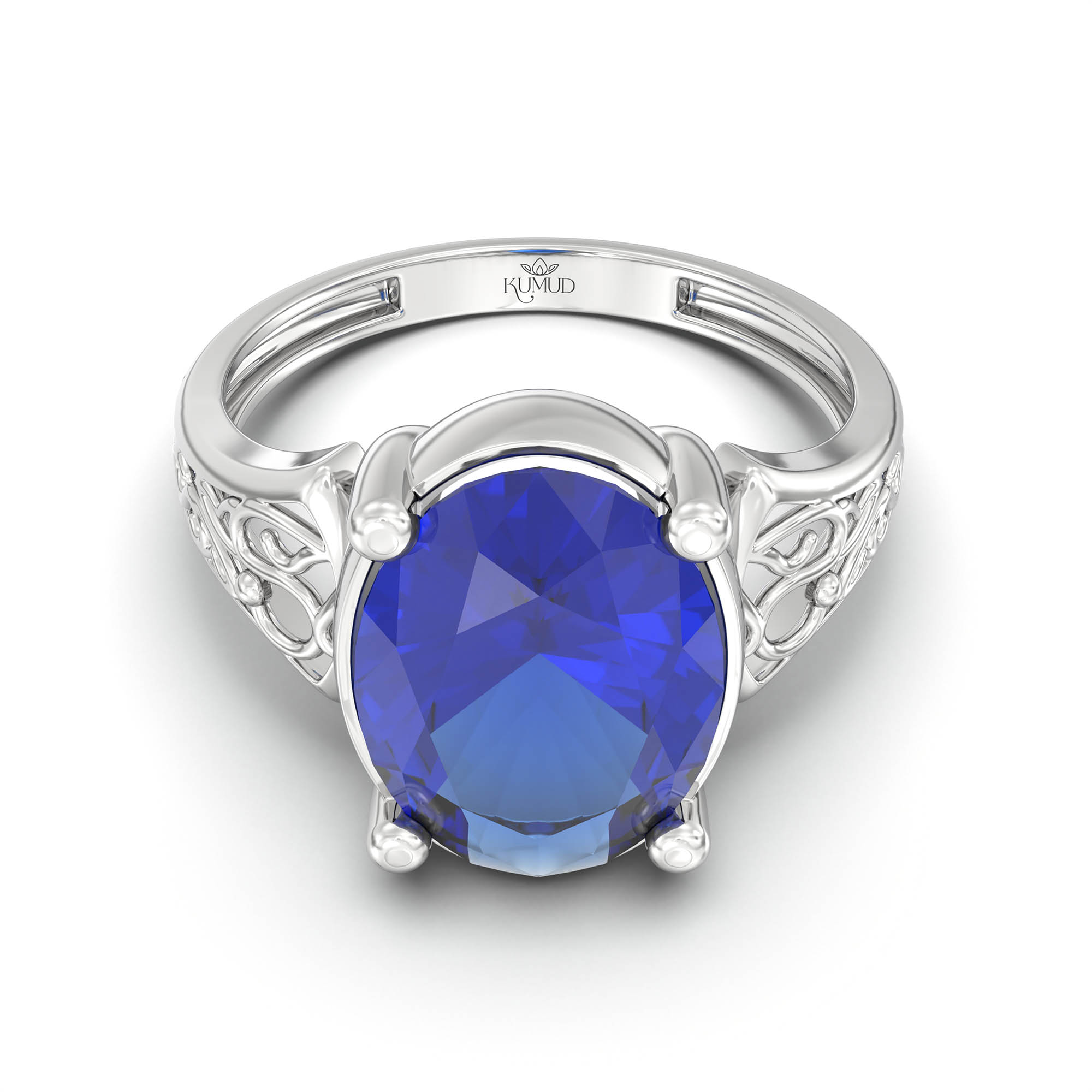 Blue Sapphire (Neelam) Ring for Women in 18K White Gold – Oval 11x8 mm, Prong Setting, 4 g (Design K14-2) thumbnail