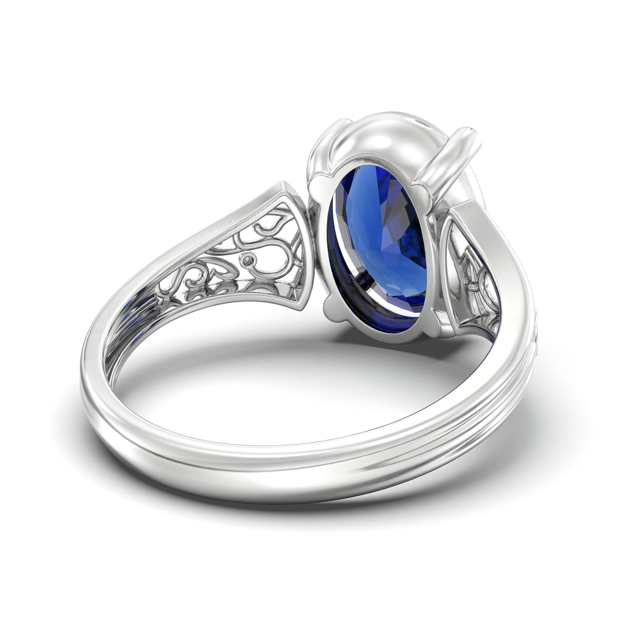 Blue Sapphire (Neelam) Ring for Women in 18K White Gold – Oval 11x8 mm, Prong Setting, 4 g (Design K14-2) thumbnail