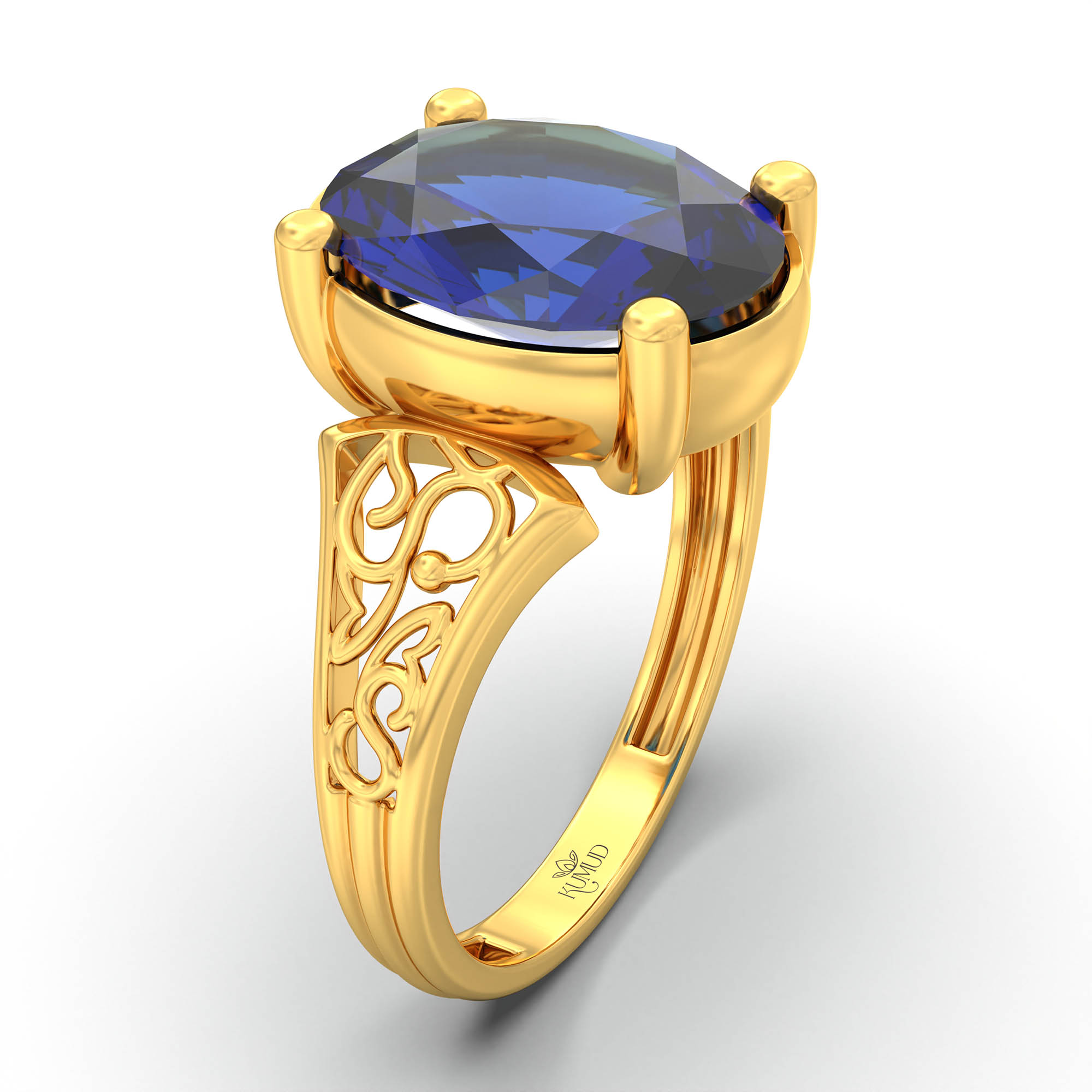 Blue Sapphire (Neelam) Ring for Women in 22K Yellow Gold – Oval 11x8 mm, Prong Setting, 4 g (Design K14-2) thumbnail