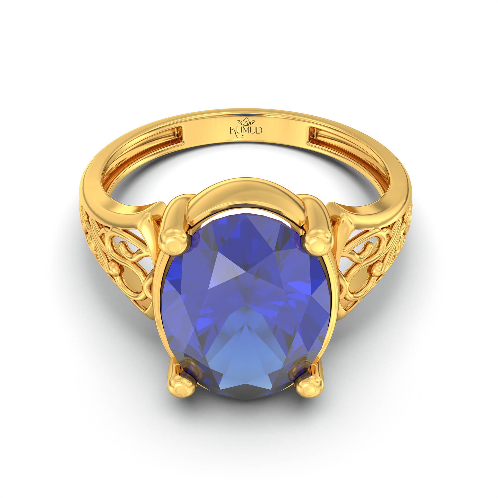 Blue Sapphire (Neelam) Ring for Women in 22K Yellow Gold – Oval 11x8 mm, Prong Setting, 4 g (Design K14-2) thumbnail