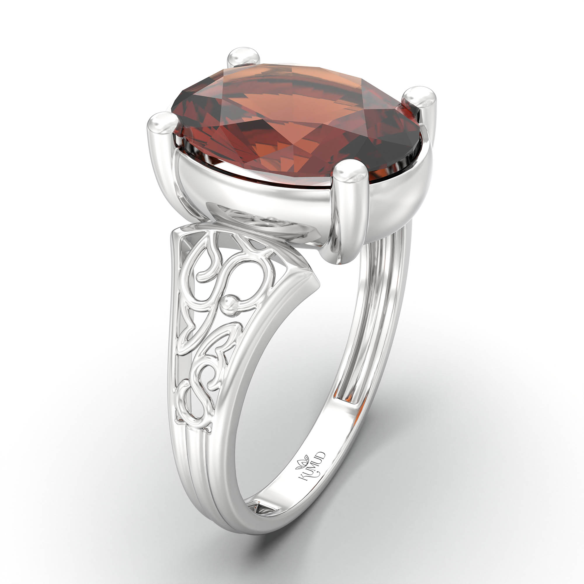 Hessonite (Gomed) Ring for Women in 18K White Gold – Oval 11x8 mm, Prong Setting, 4 g (Design K14-2) thumbnail