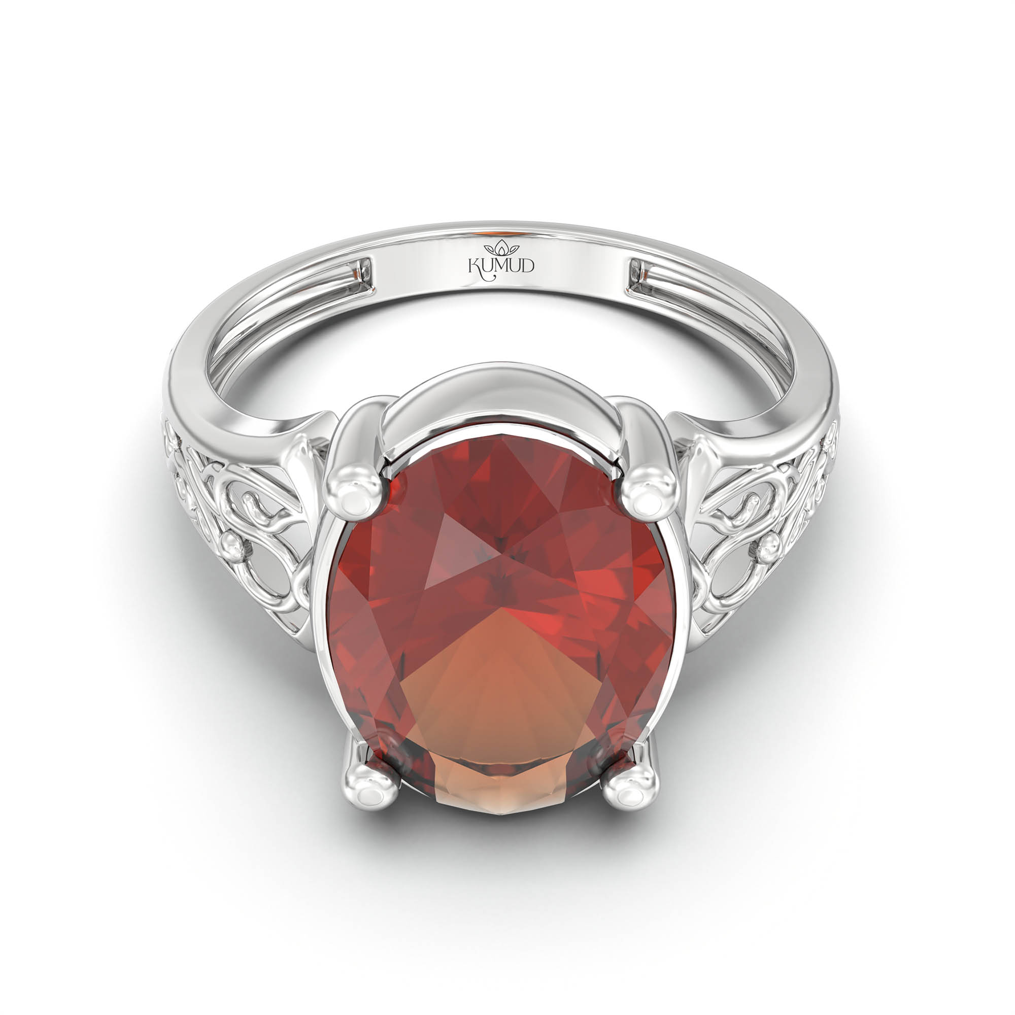 Hessonite (Gomed) Ring for Women in 18K White Gold – Oval 11x8 mm, Prong Setting, 4 g (Design K14-2) thumbnail