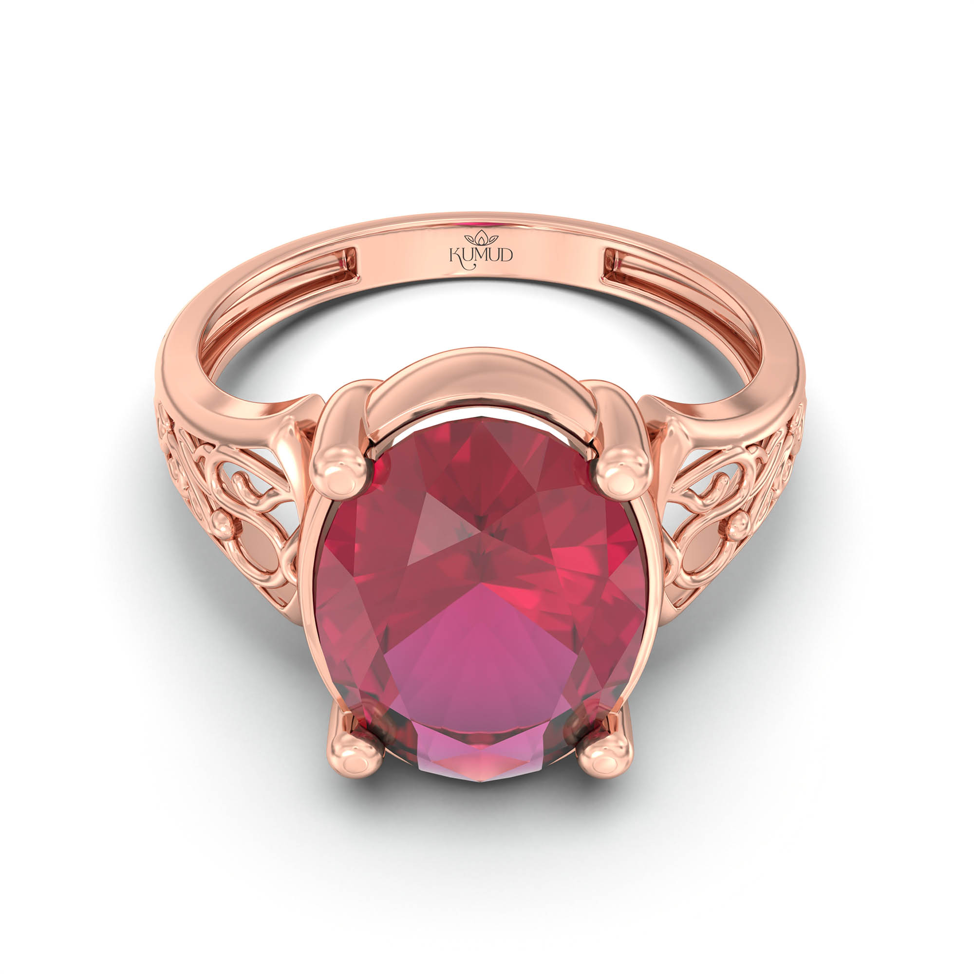 Ruby (Manik) Ring for Women in 18K Rose Gold – Oval 11x8 mm, Prong Setting, 4 g (Design K14-2) thumbnail