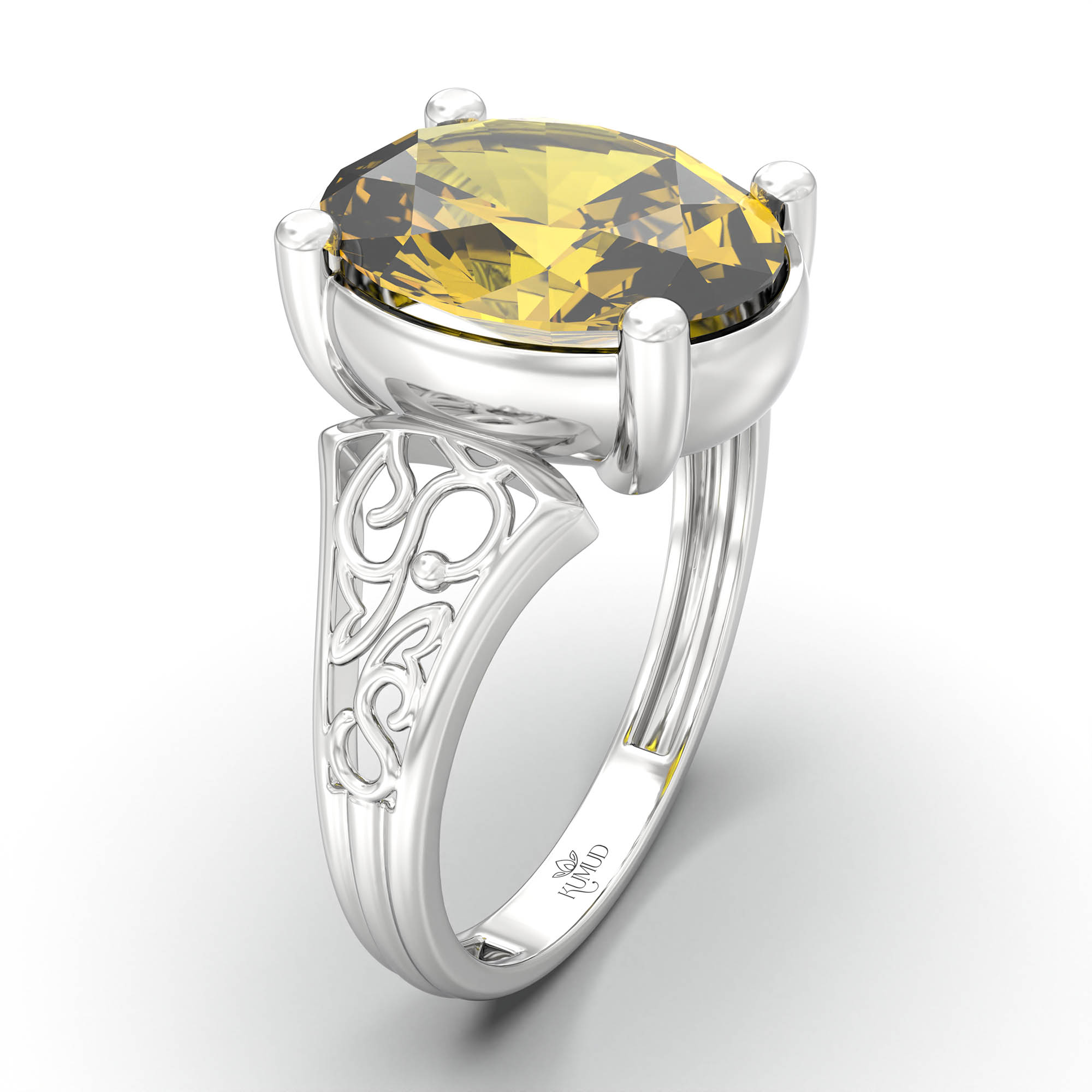 Yellow Sapphire (Pukhraj) Ring for Women in 18K White Gold – Oval 11x8 mm, Prong Setting, 4 g (Design K14-2) thumbnail