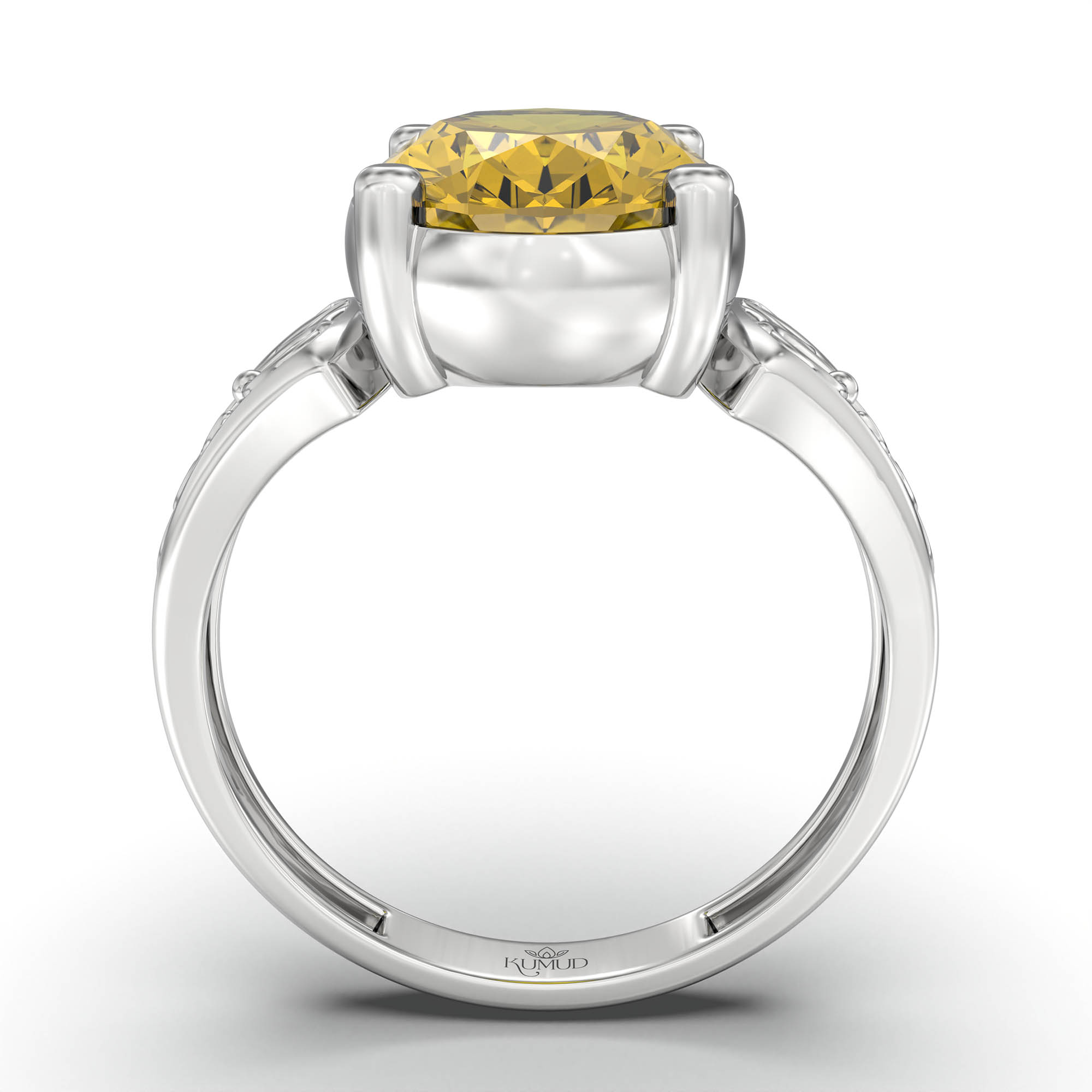 Yellow Sapphire (Pukhraj) Ring for Women in 18K White Gold – Oval 11x8 mm, Prong Setting, 4 g (Design K14-2) thumbnail