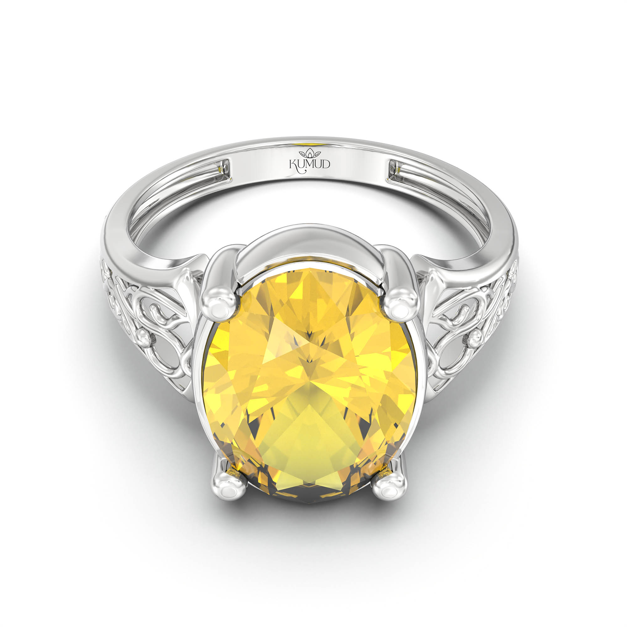 Yellow Sapphire (Pukhraj) Ring for Women in 18K White Gold – Oval 11x8 mm, Prong Setting, 4 g (Design K14-2) thumbnail
