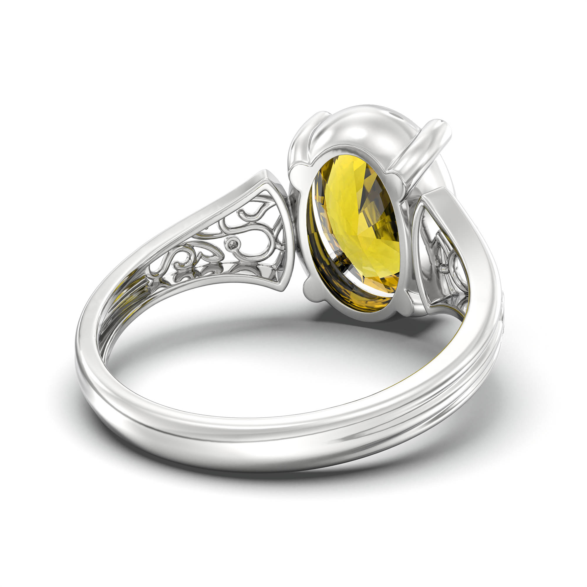 Yellow Sapphire (Pukhraj) Ring for Women in 18K White Gold – Oval 11x8 mm, Prong Setting, 4 g (Design K14-2) thumbnail
