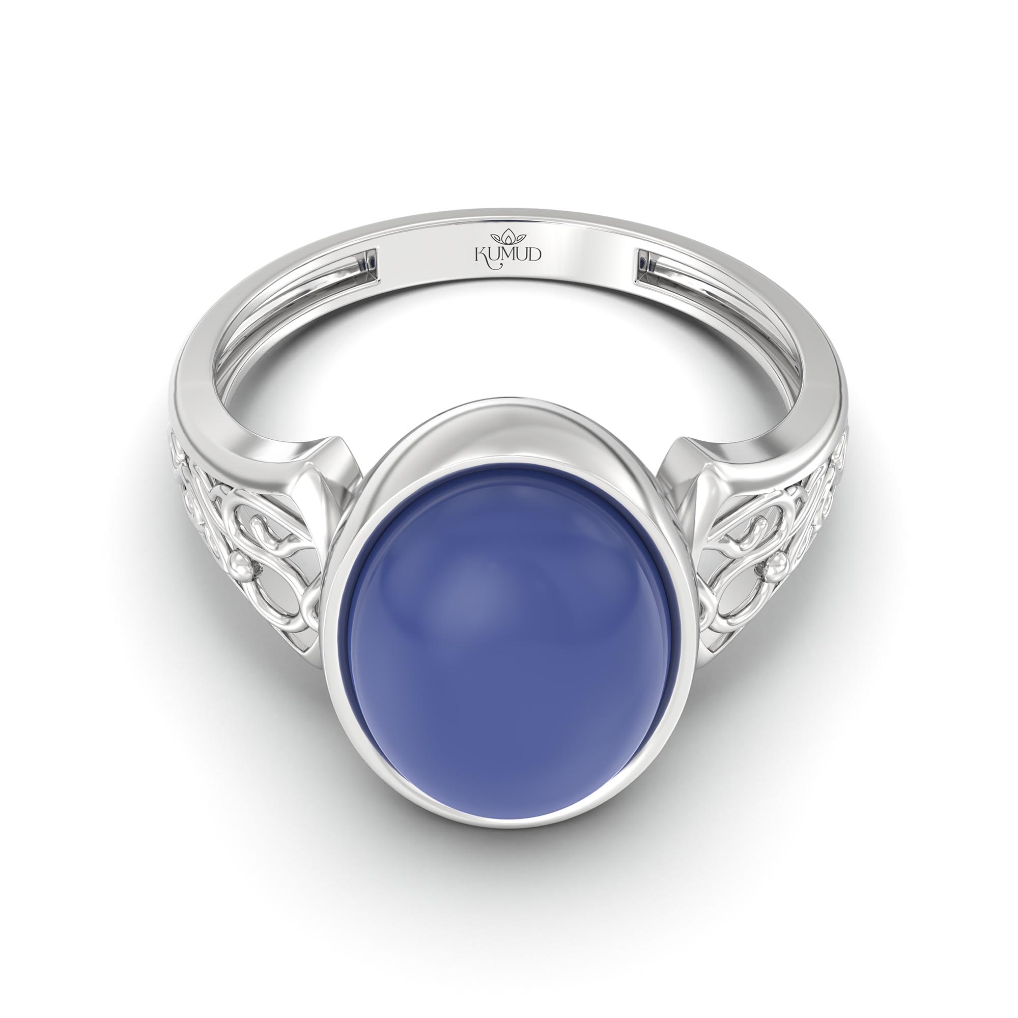 Blue Sapphire (Neelam) Ring for Women in 925 Sterling Silver – Oval Cabochon 11x8 mm, Bezel Setting, 4 g (Design K14-2) thumbnail