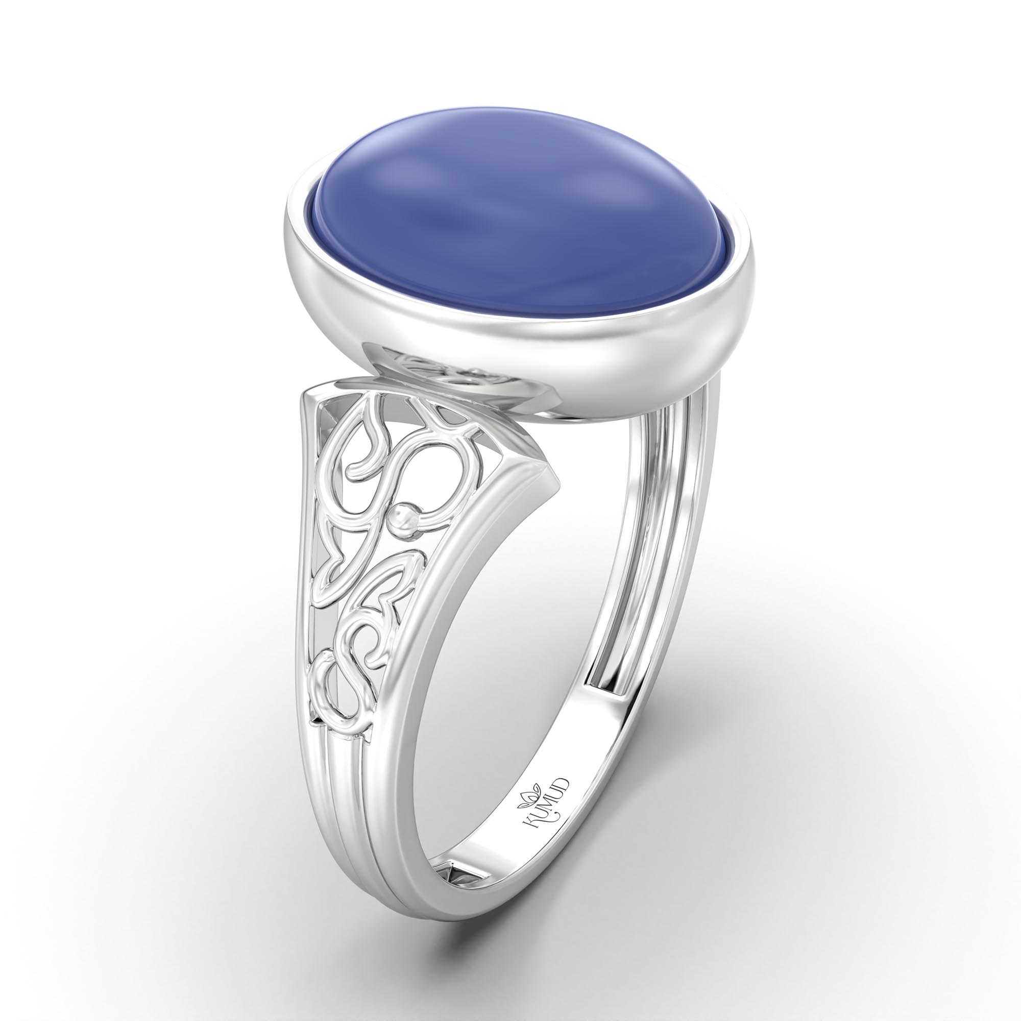 Blue Sapphire (Neelam) Ring for Women in 18K White Gold – Oval Cabochon 11x8 mm, Bezel Setting, 4 g (Design K14-2) thumbnail