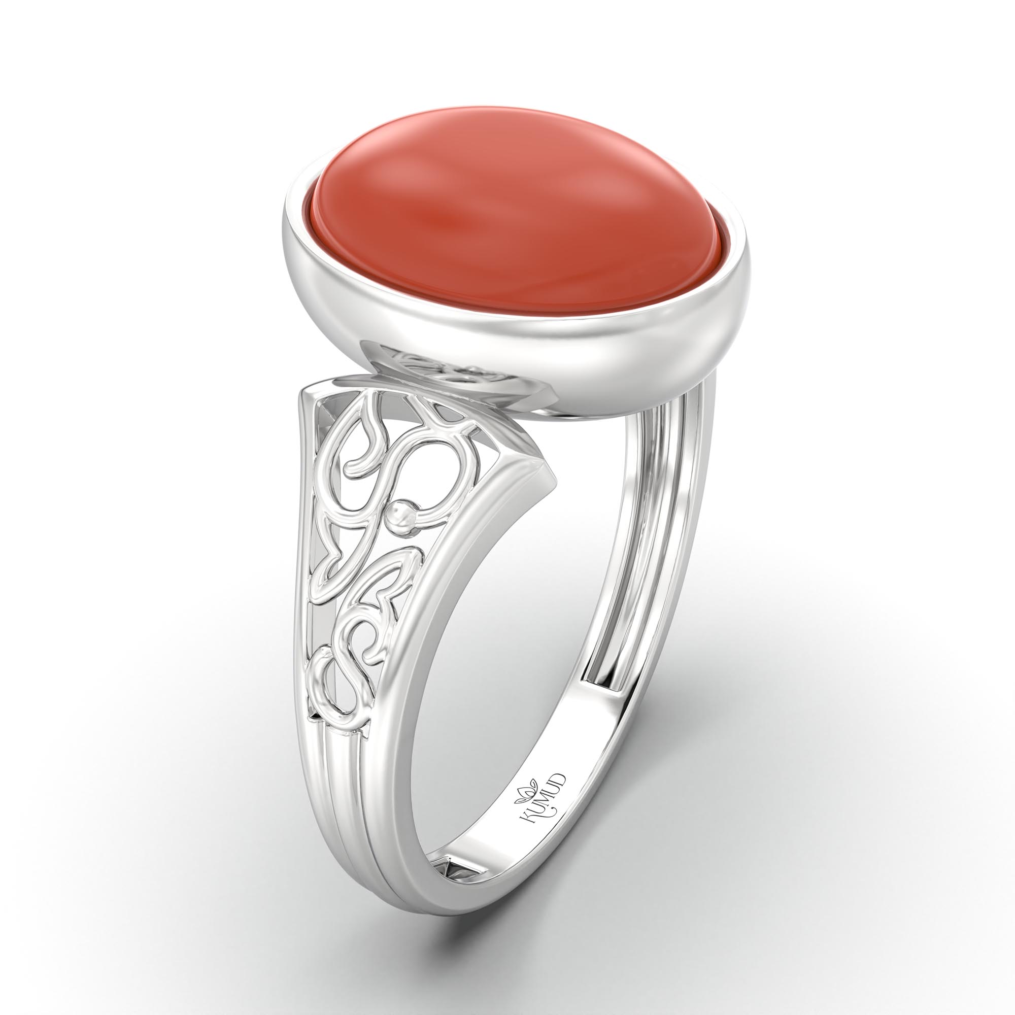 Red Coral (Moonga) Ring for Women in 925 Sterling Silver – Oval Cabochon 11x8 mm, Bezel Setting, 4 g (Design K14-2) thumbnail
