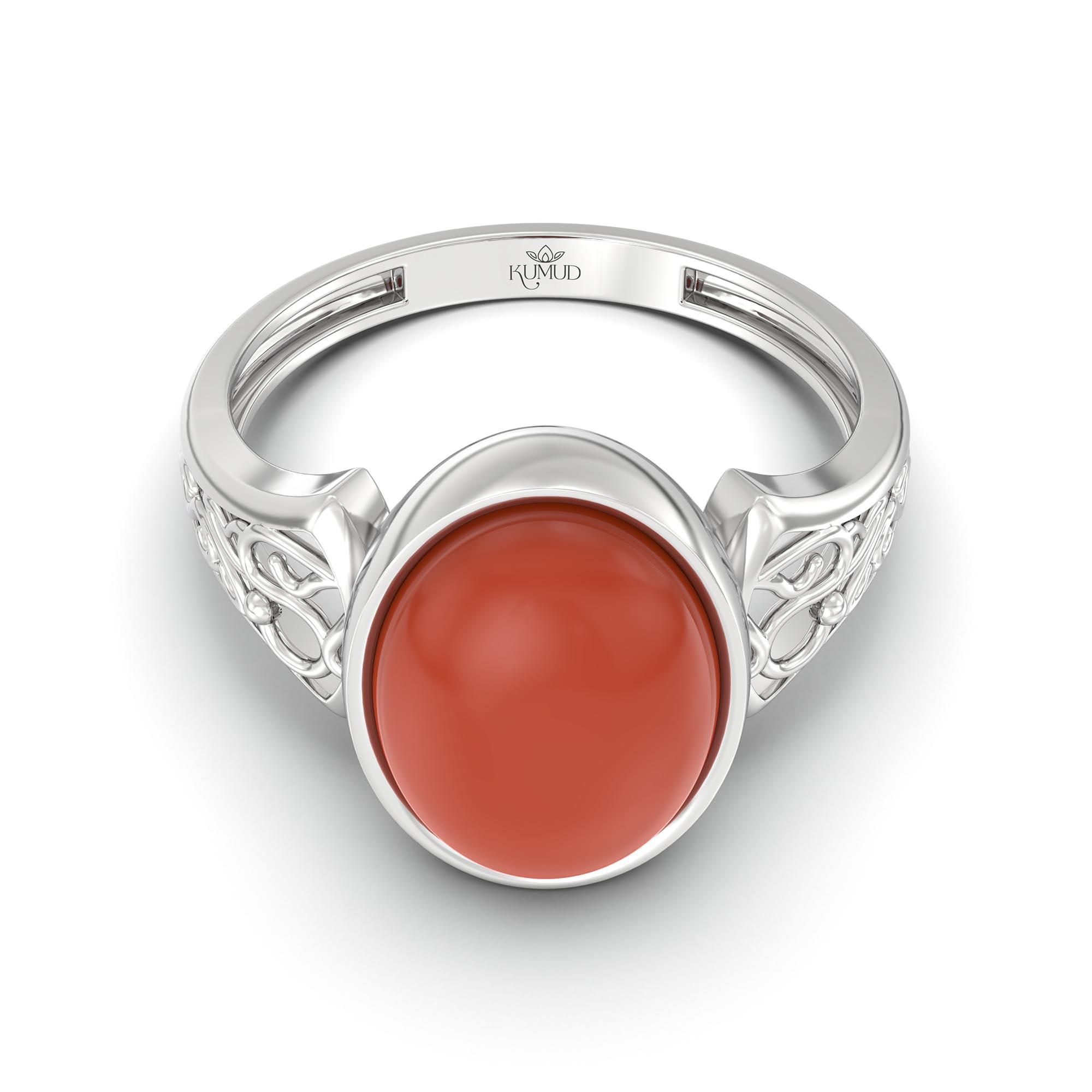 Red Coral (Moonga) Ring for Women in 925 Sterling Silver – Oval Cabochon 11x8 mm, Bezel Setting, 4 g (Design K14-2) thumbnail