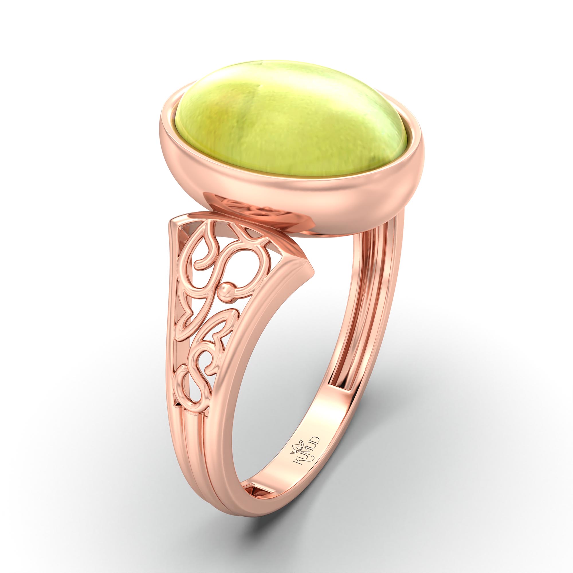 Cat's Eye (Lehsunia) Ring for Women in 18K Rose Gold – Oval Cabochon 11x8 mm, Bezel Setting, 4 g (Design K14-2) thumbnail