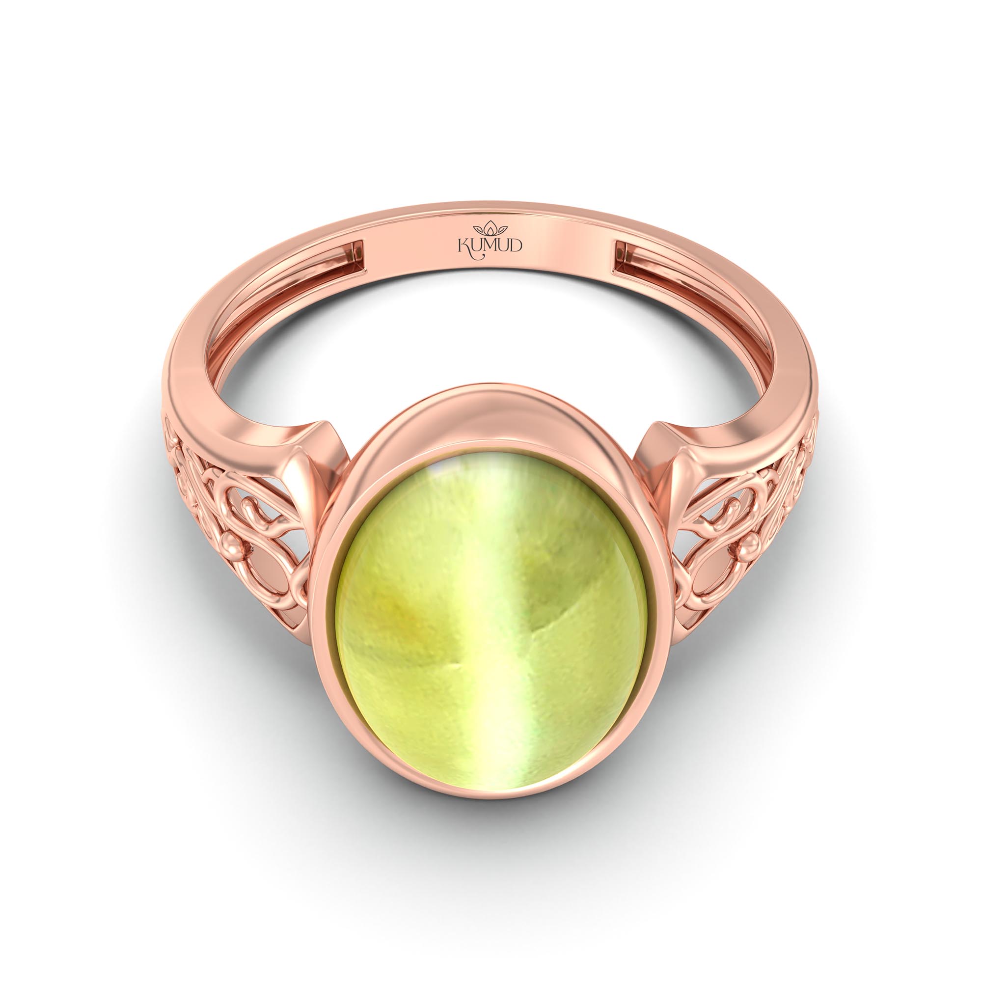 Cat's Eye (Lehsunia) Ring for Women in 18K Rose Gold – Oval Cabochon 11x8 mm, Bezel Setting, 4 g (Design K14-2) thumbnail