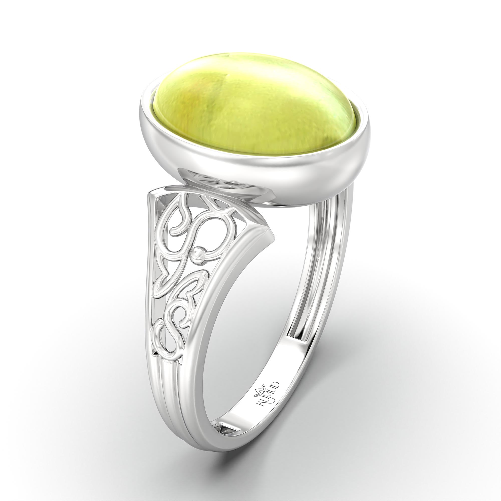 Cat's Eye (Lehsunia) Ring for Women in 18K White Gold – Oval Cabochon 11x8 mm, Bezel Setting, 4 g (Design K14-2) thumbnail