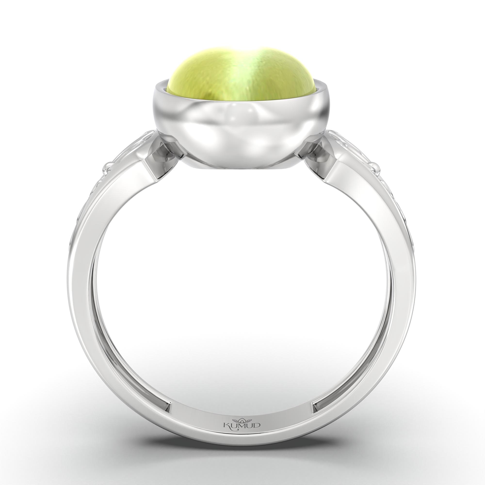 Cat's Eye (Lehsunia) Ring for Women in 18K White Gold – Oval Cabochon 11x8 mm, Bezel Setting, 4 g (Design K14-2) thumbnail
