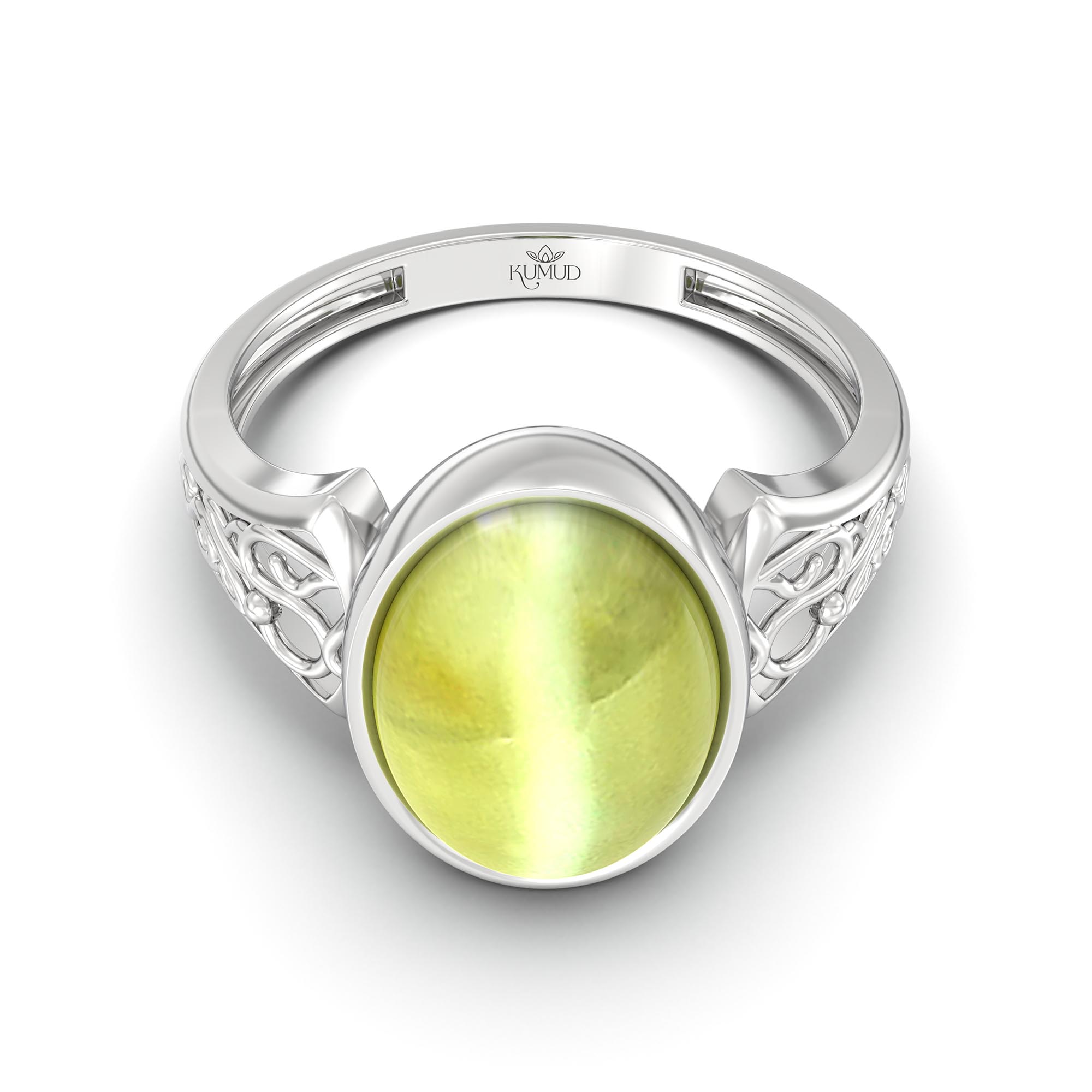 Cat's Eye (Lehsunia) Ring for Women in 18K White Gold – Oval Cabochon 11x8 mm, Bezel Setting, 4 g (Design K14-2) thumbnail