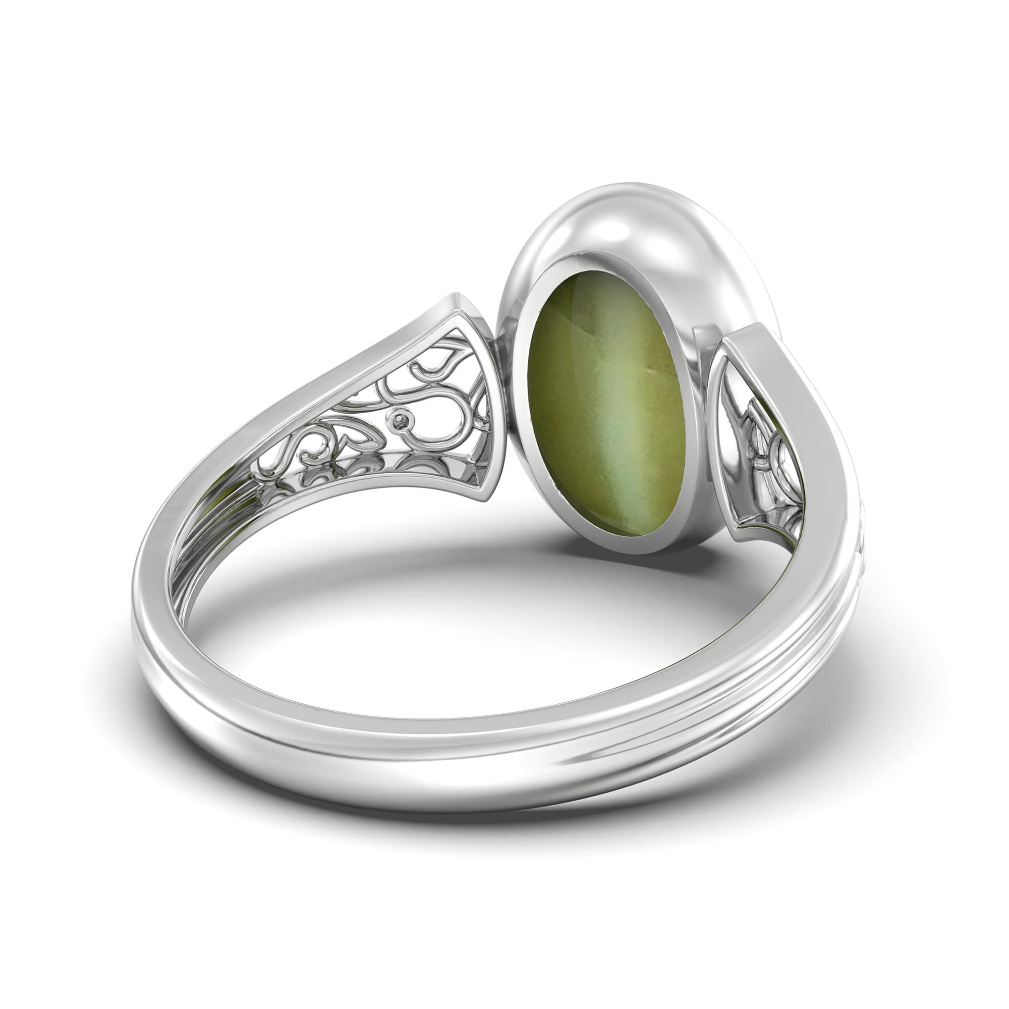 Cat's Eye (Lehsunia) Ring for Women in 18K White Gold – Oval Cabochon 11x8 mm, Bezel Setting, 4 g (Design K14-2) thumbnail
