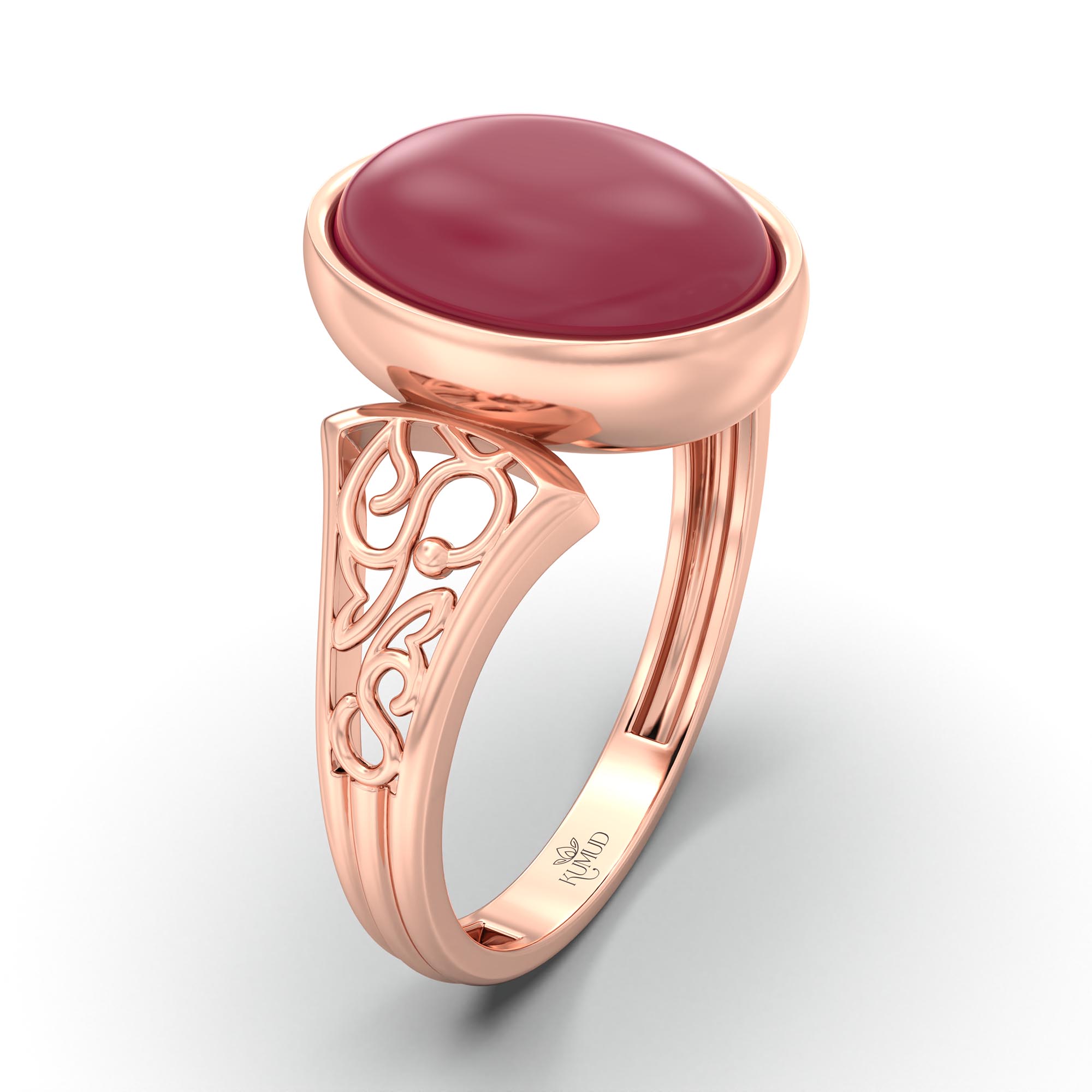 Ruby (Manik) Ring for Women in 18K Rose Gold – Oval Cabochon 11x8 mm, Bezel Setting, 4 g (Design K14-2) thumbnail