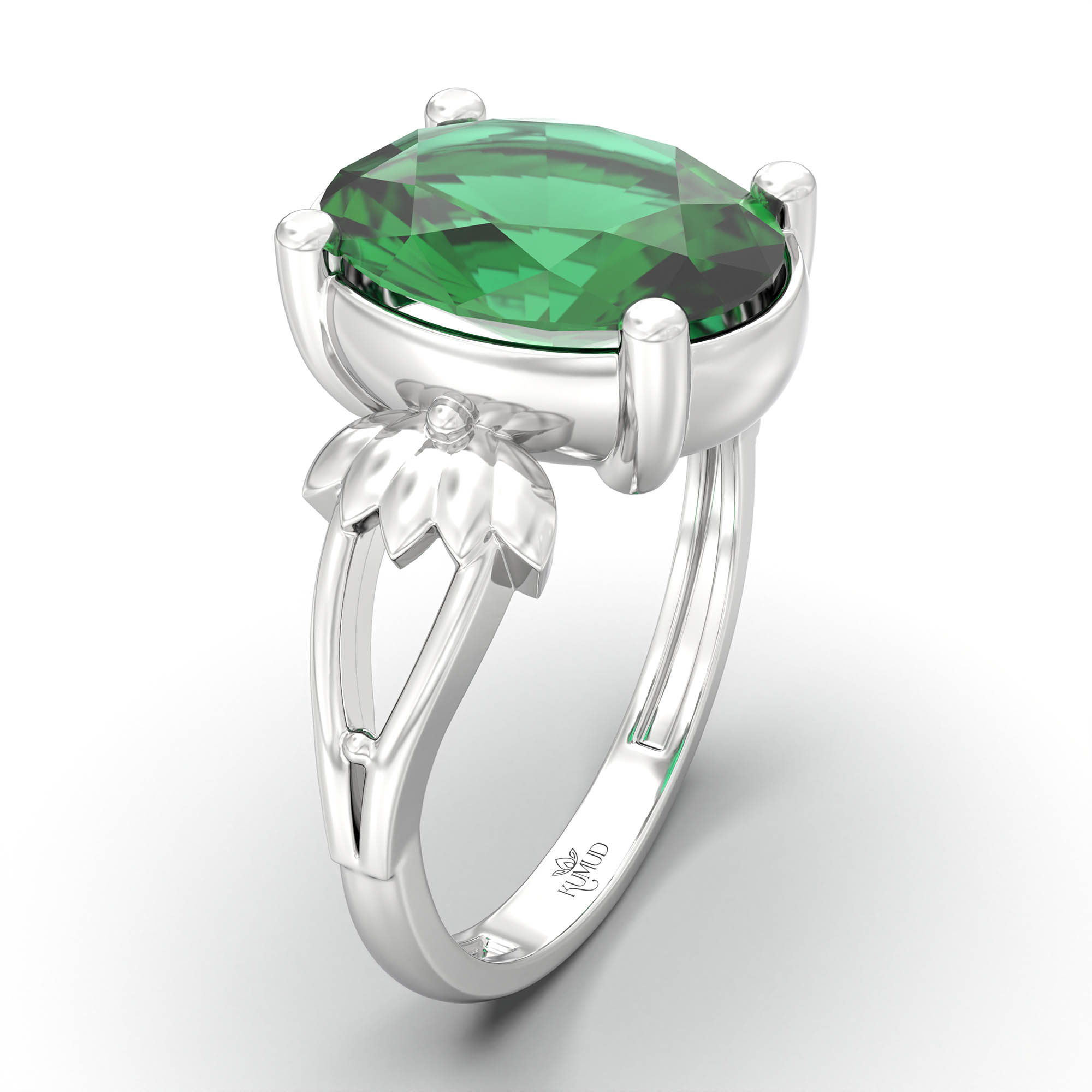Emerald (Panna) Ring for Women in 18K White Gold – Oval 11x8 mm, Prong Setting, 4 g (Design K14-3) thumbnail