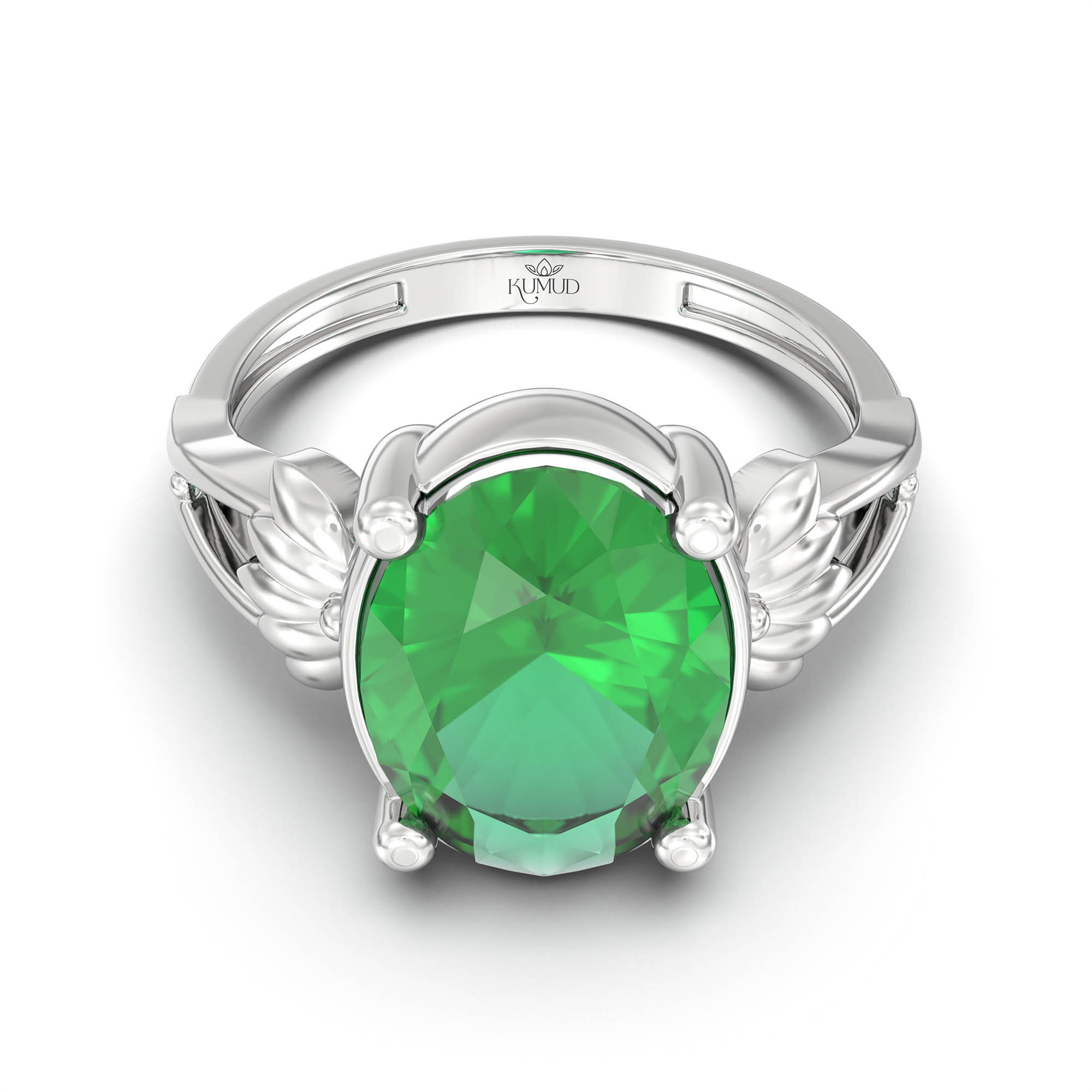 Emerald (Panna) Ring for Women in 18K White Gold – Oval 11x8 mm, Prong Setting, 4 g (Design K14-3) thumbnail