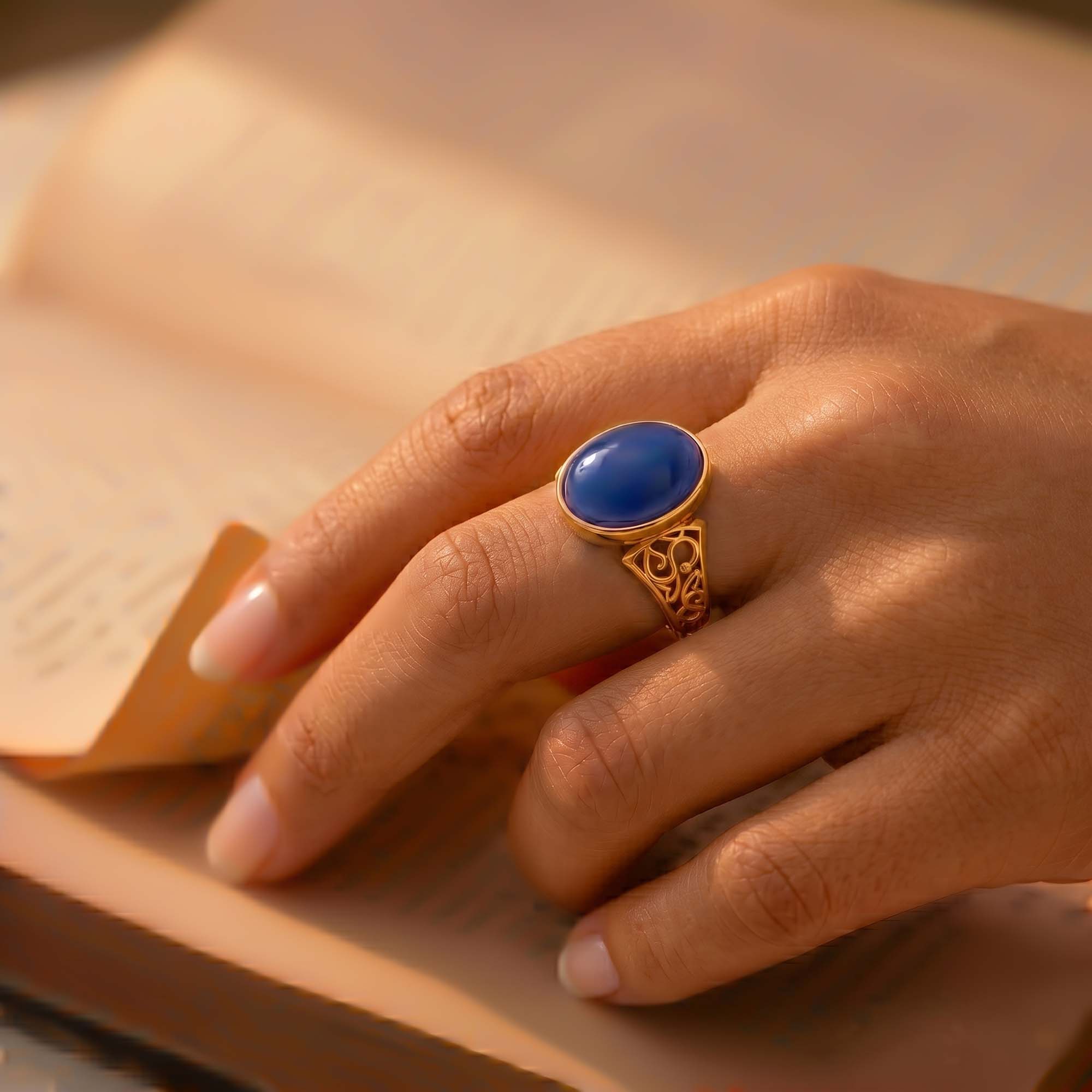 Blue Sapphire (Neelam) Ring for Women in 22K Yellow Gold – Oval Cabochon 11x8 mm, Bezel Setting, 4 g (Design K14-3) thumbnail