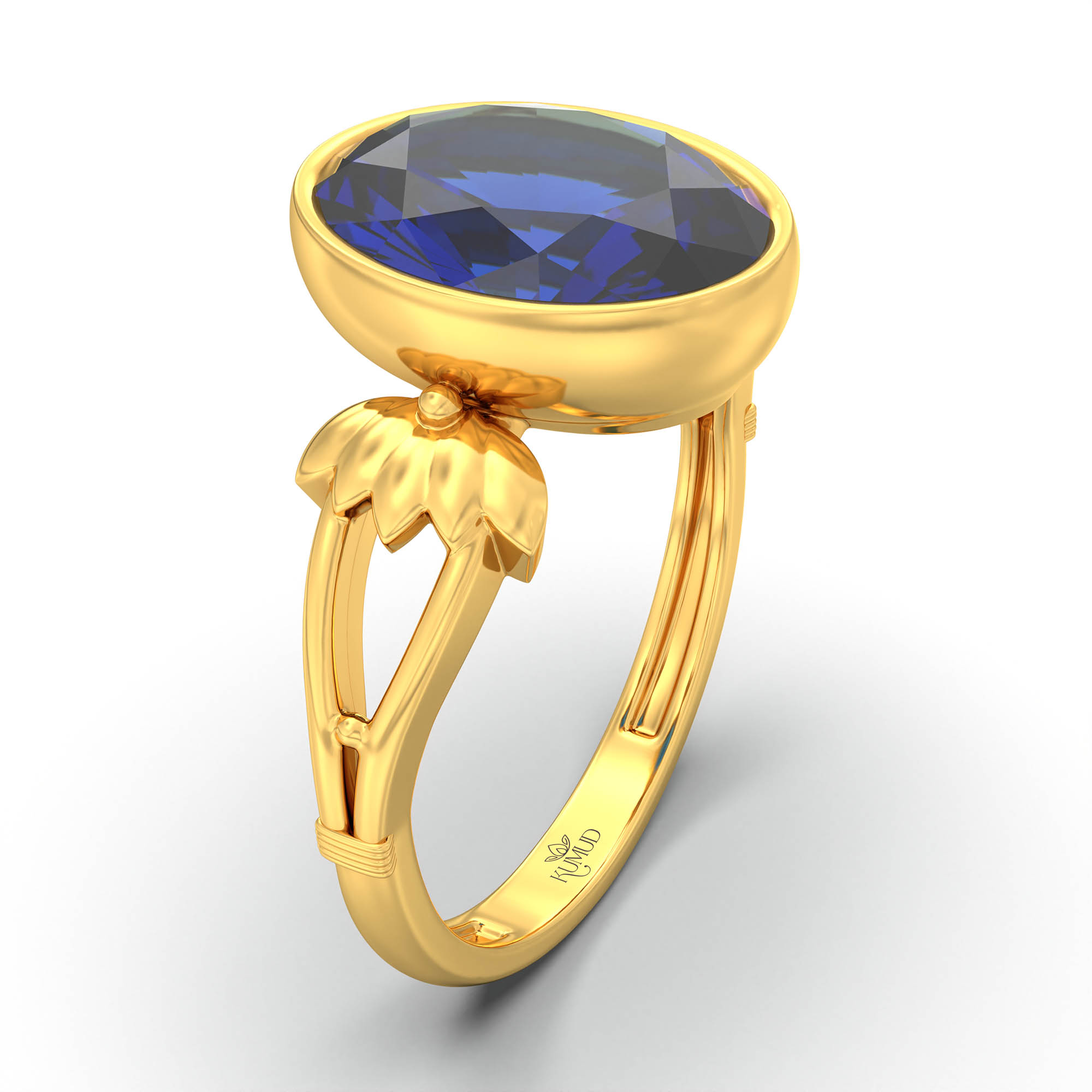 Blue Sapphire (Neelam) Ring for Women in 22K Yellow Gold – Oval 11x8 mm, Bezel Setting, 4 g (Design K14-3) thumbnail