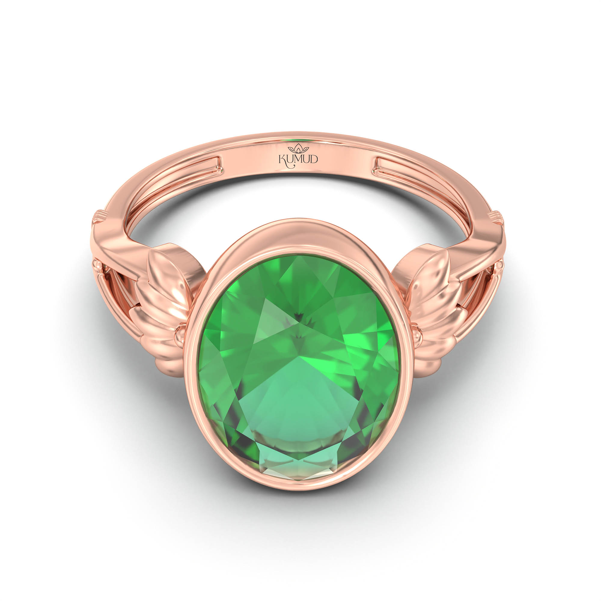 Emerald (Panna) Ring for Women in 18K Rose Gold – Oval 11x8 mm, Bezel Setting, 4 g (Design K14-3) thumbnail