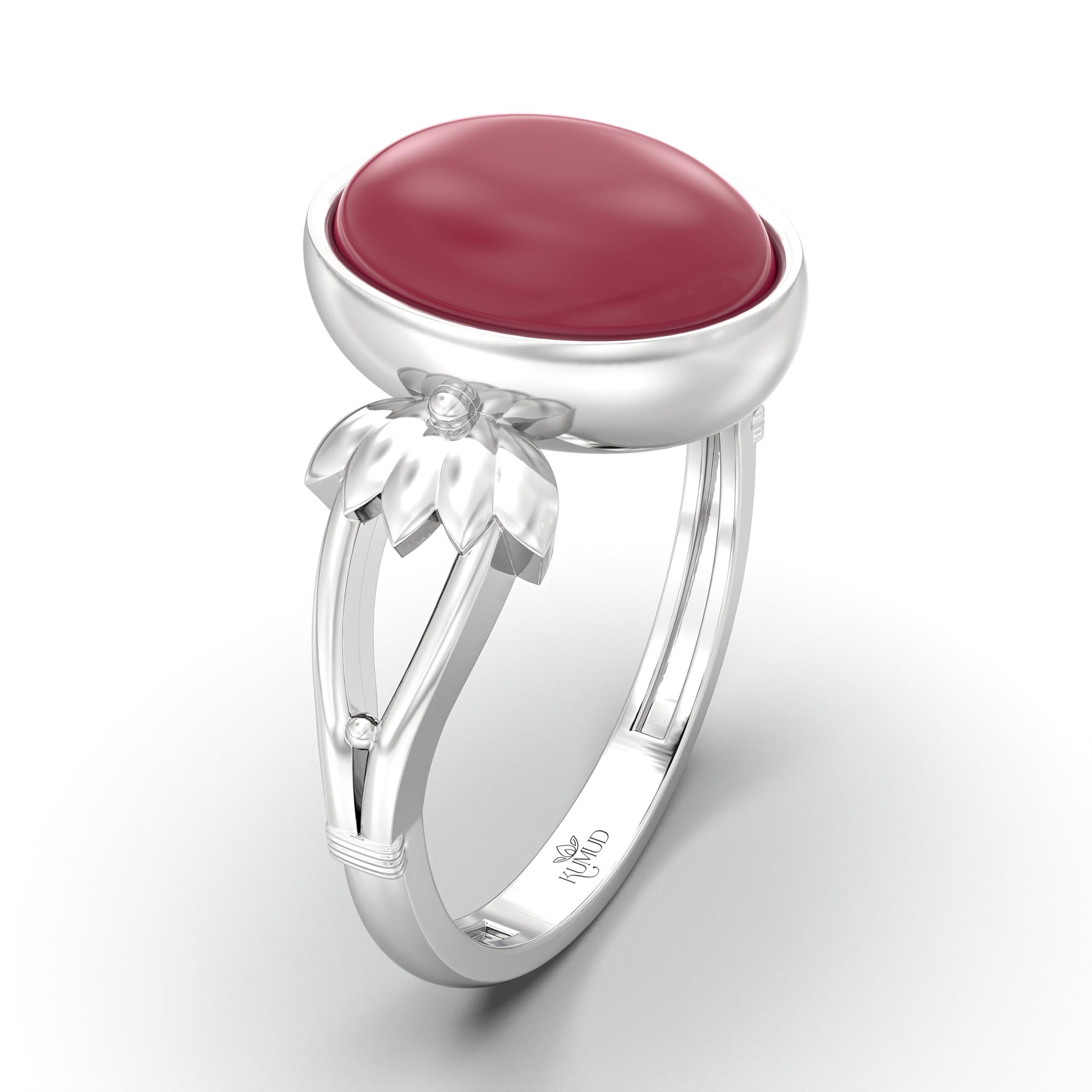 Ruby (Manik) Ring for Women in 18K White Gold – Oval Cabochon 11x8 mm, Bezel Setting, 4 g (Design K14-3) thumbnail