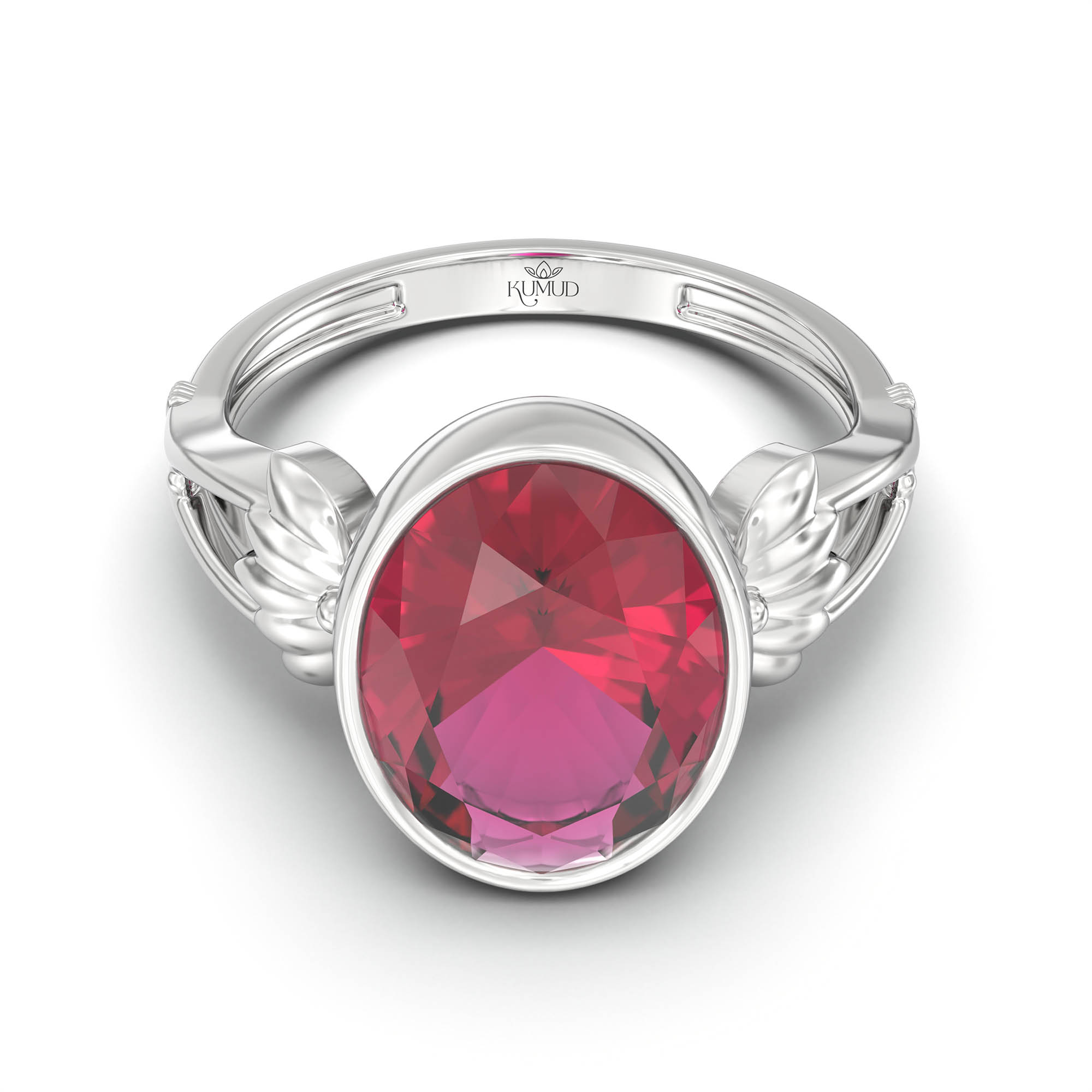 Ruby (Manik) Ring for Women in 18K White Gold – Oval 11x8 mm, Bezel Setting, 4 g (Design K14-3) thumbnail