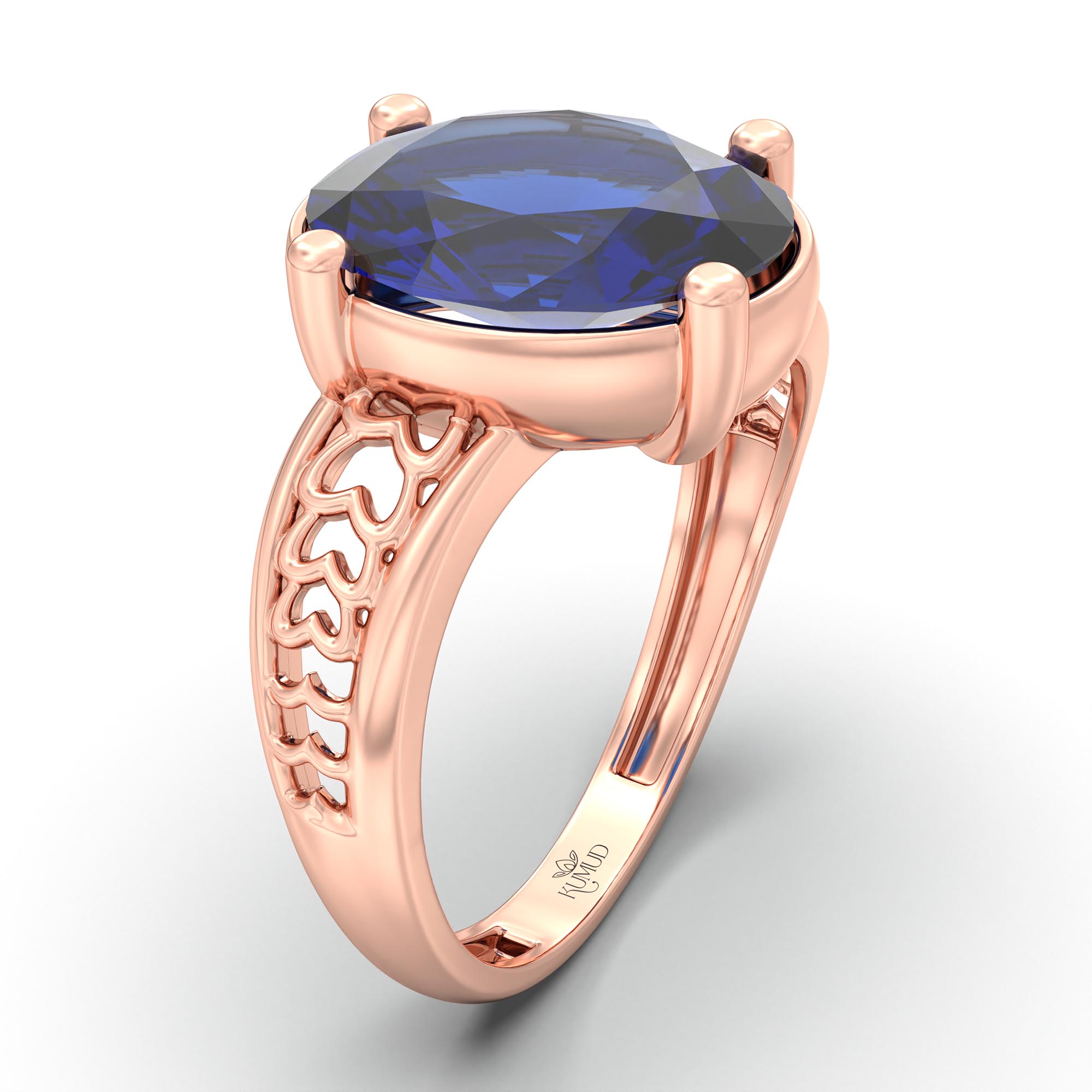 Blue Sapphire (Neelam) Ring for Women in 18K Rose Gold – Oval 11x8 mm, Prong Setting, 4 g (Design K14-4) thumbnail