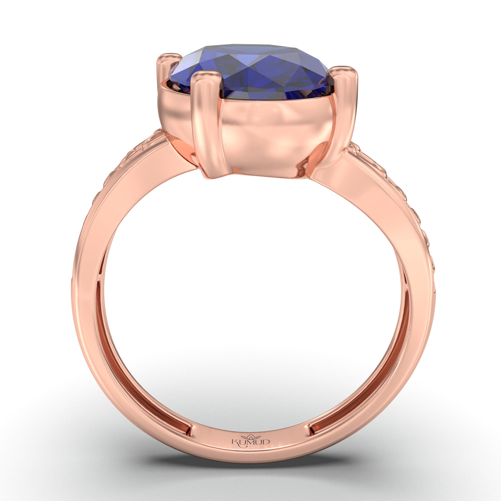 Blue Sapphire (Neelam) Ring for Women in 18K Rose Gold – Oval 11x8 mm, Prong Setting, 4 g (Design K14-4) thumbnail