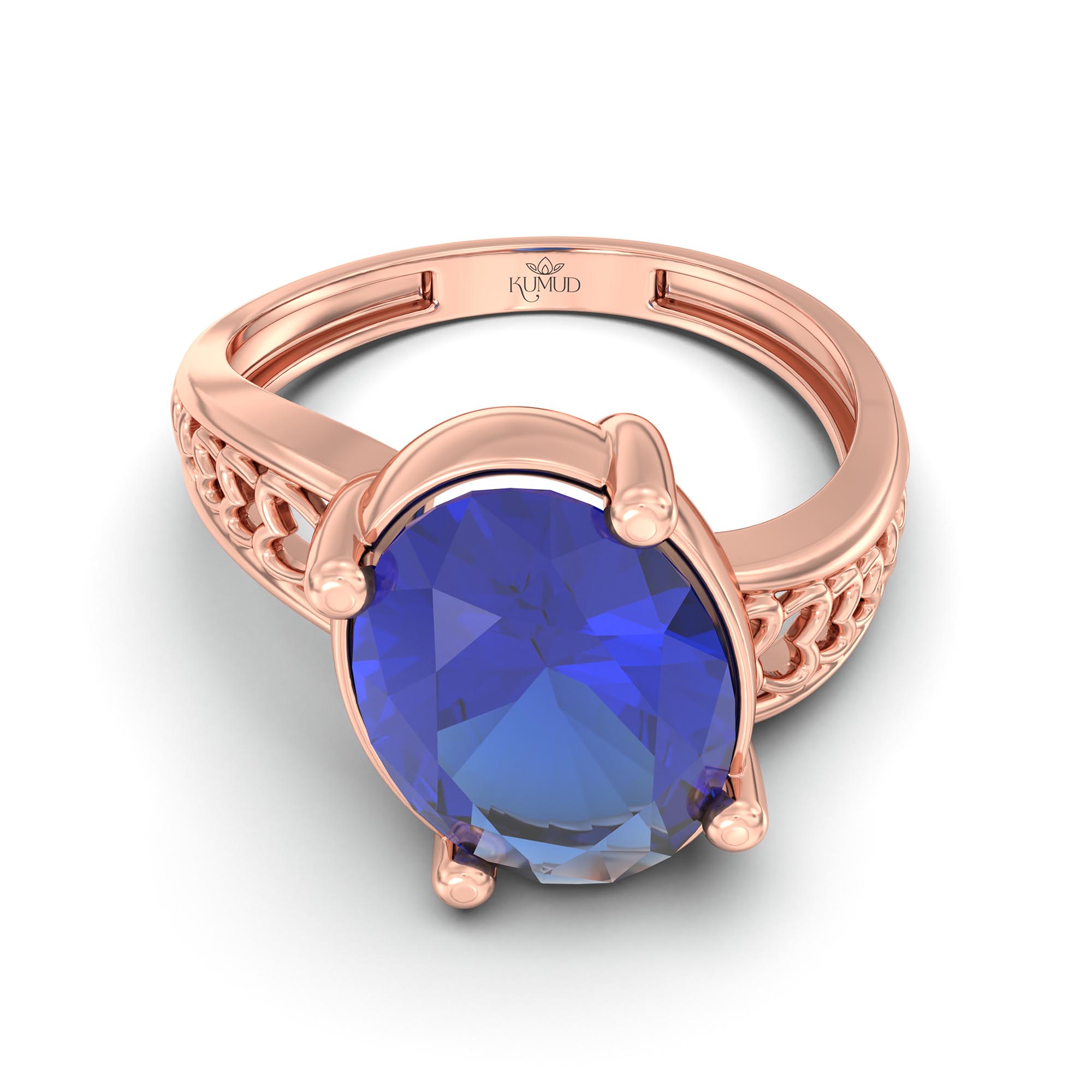 Blue Sapphire (Neelam) Ring for Women in 18K Rose Gold – Oval 11x8 mm, Prong Setting, 4 g (Design K14-4) thumbnail