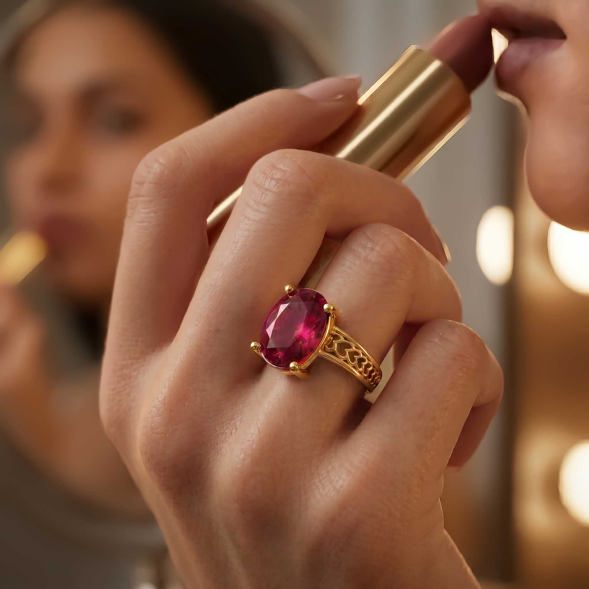Ruby (Manik) Ring for Women in 22K Yellow Gold – Oval 11x8 mm, Prong Setting, 4 g (Design K14-4) thumbnail