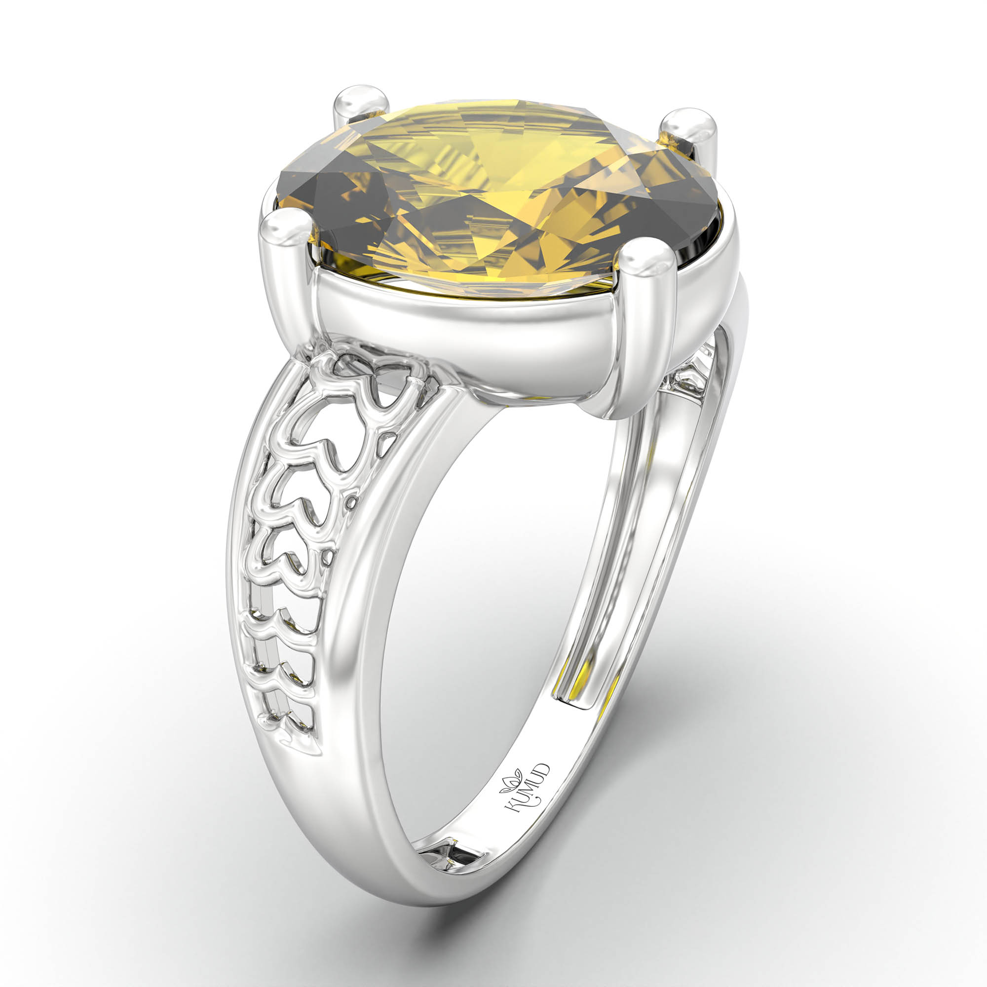 Yellow Sapphire (Pukhraj) Ring for Women in 18K White Gold – Oval 11x8 mm, Prong Setting, 4 g (Design K14-4) thumbnail