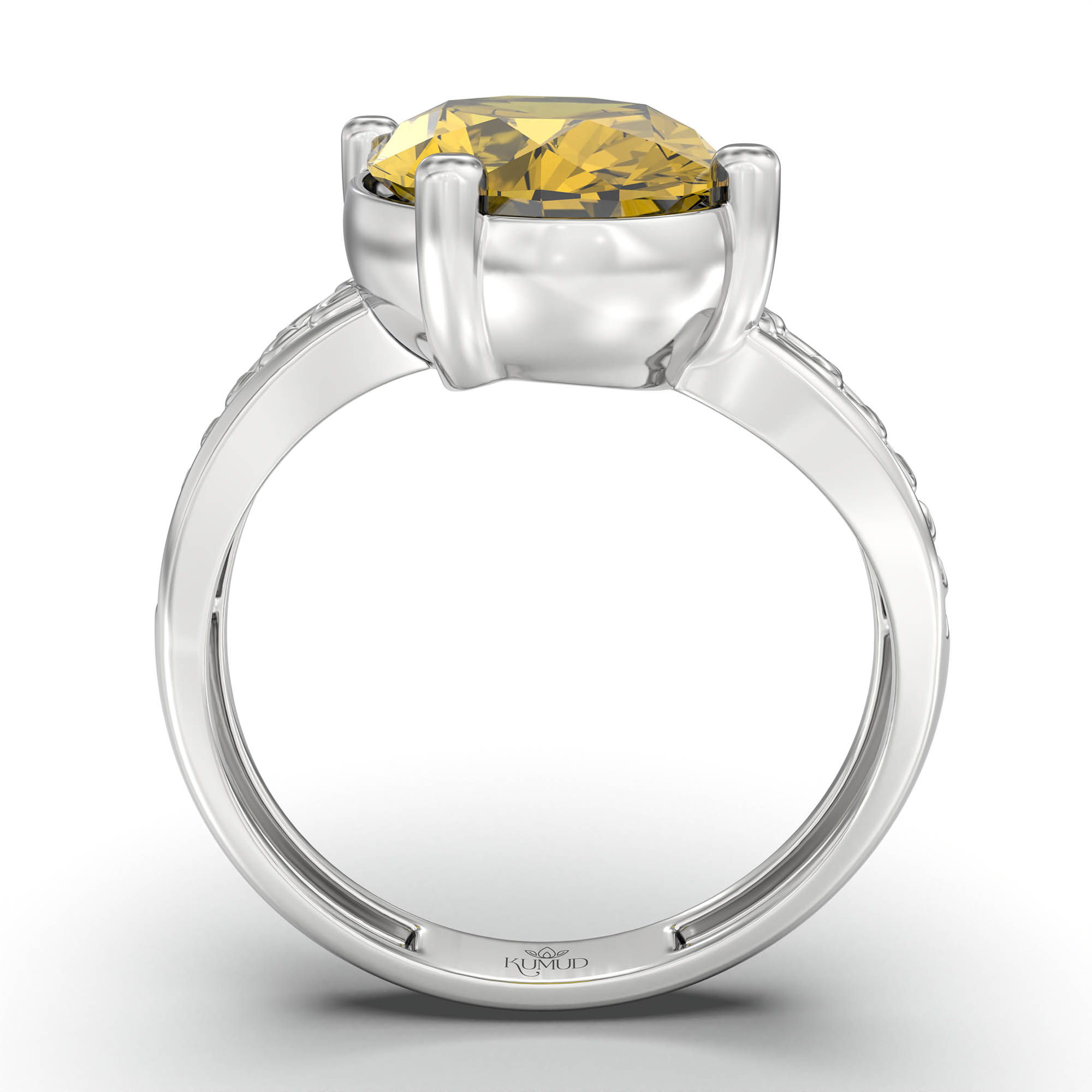 Yellow Sapphire (Pukhraj) Ring for Women in 18K White Gold – Oval 11x8 mm, Prong Setting, 4 g (Design K14-4) thumbnail