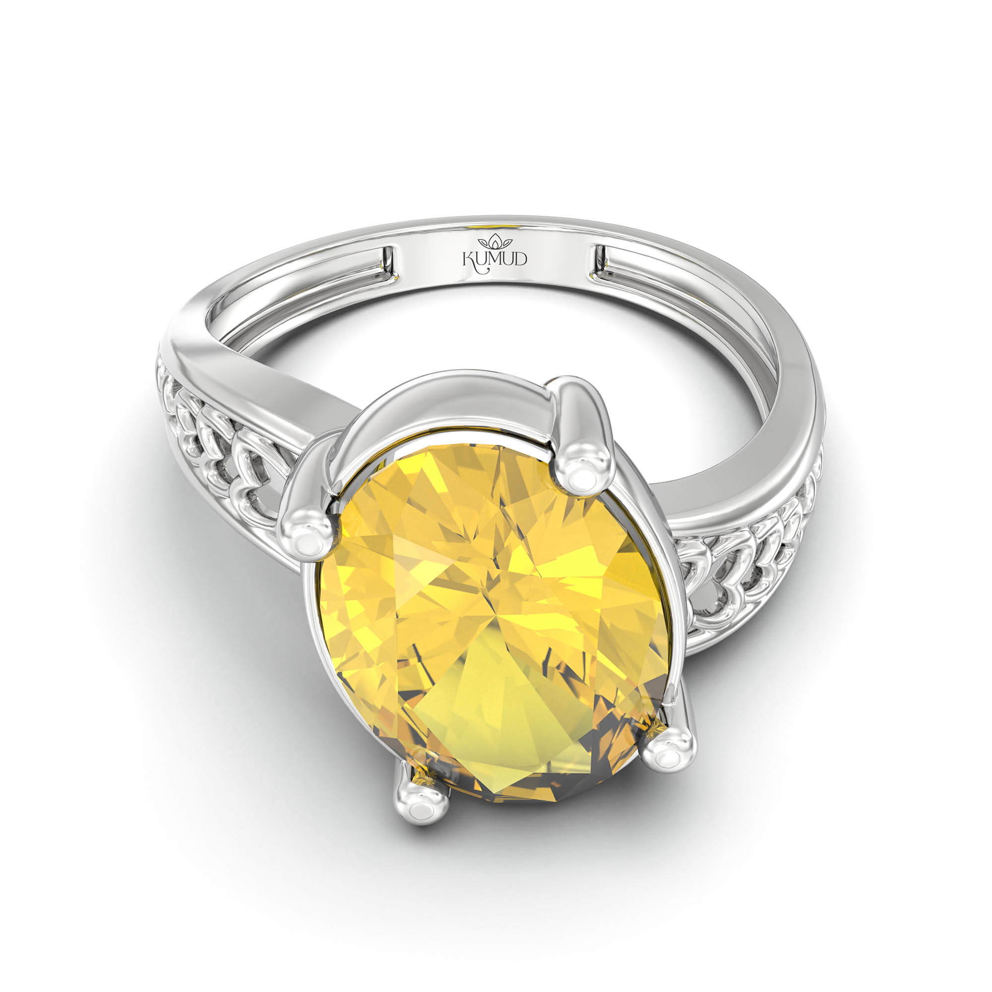 Yellow Sapphire (Pukhraj) Ring for Women in 18K White Gold – Oval 11x8 mm, Prong Setting, 4 g (Design K14-4) thumbnail