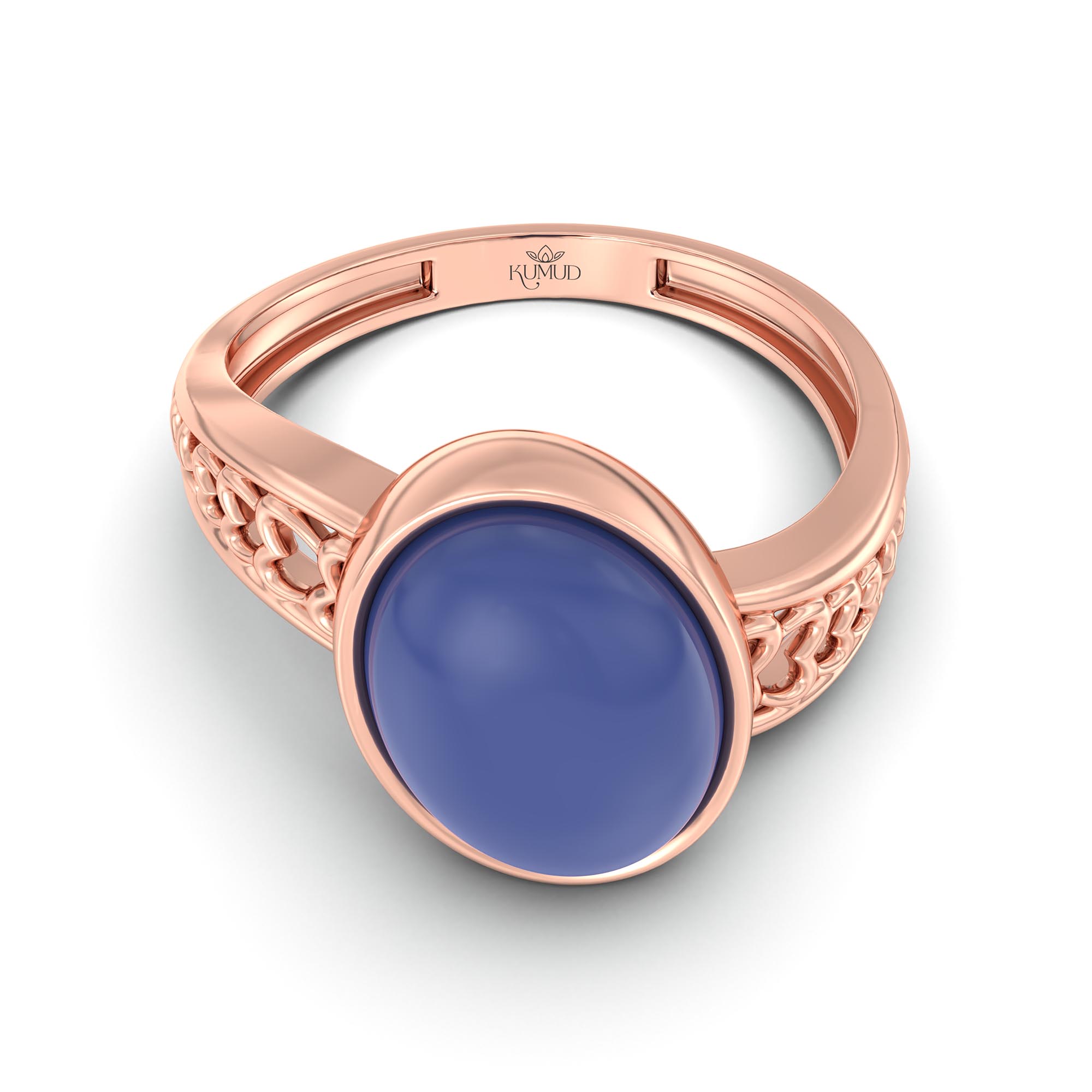 Blue Sapphire (Neelam) Ring for Women in 18K Rose Gold – Oval Cabochon 11x8 mm, Bezel Setting, 4 g (Design K14-4) thumbnail