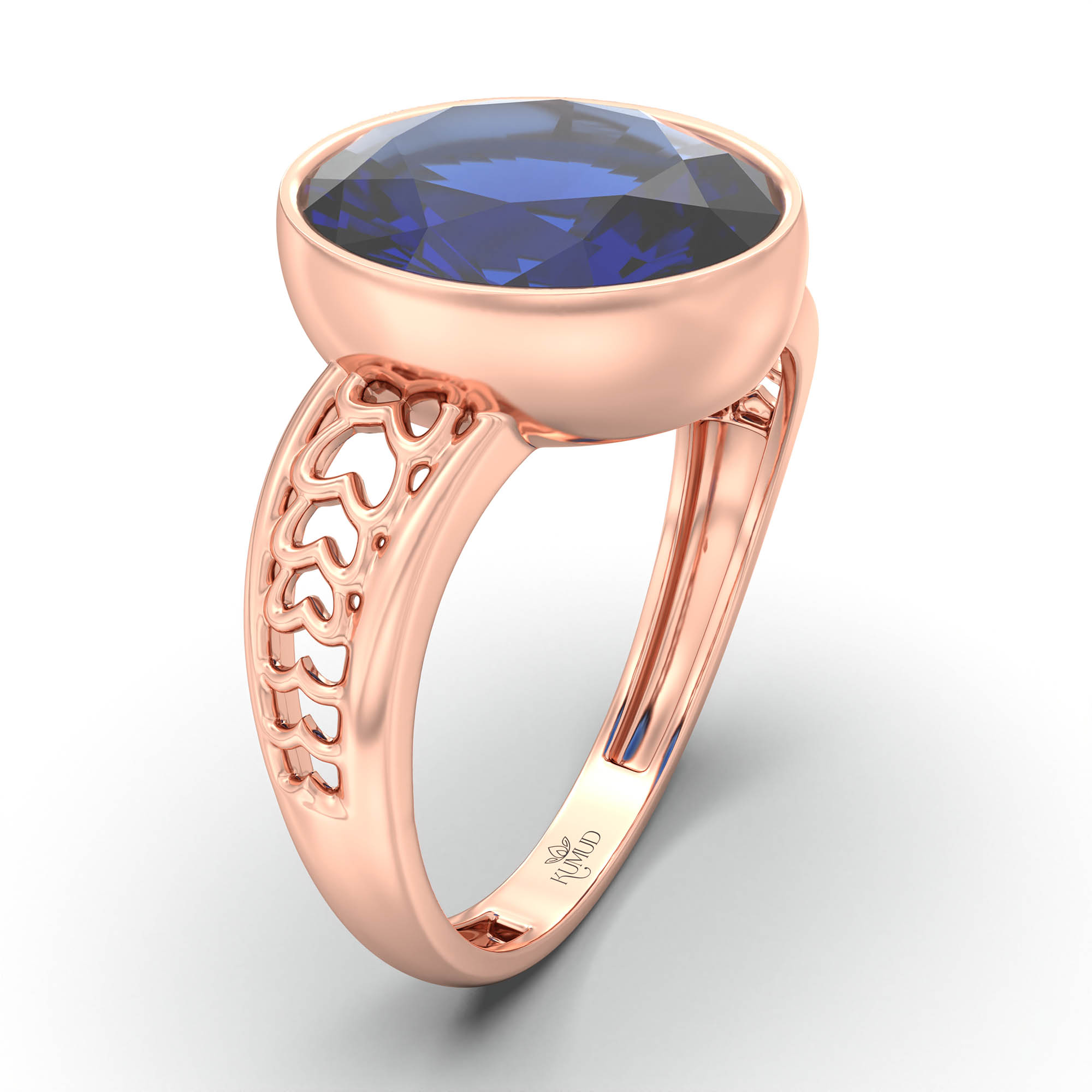 Blue Sapphire (Neelam) Ring for Women in 18K Rose Gold – Oval 11x8 mm, Bezel Setting, 4 g (Design K14-4) thumbnail