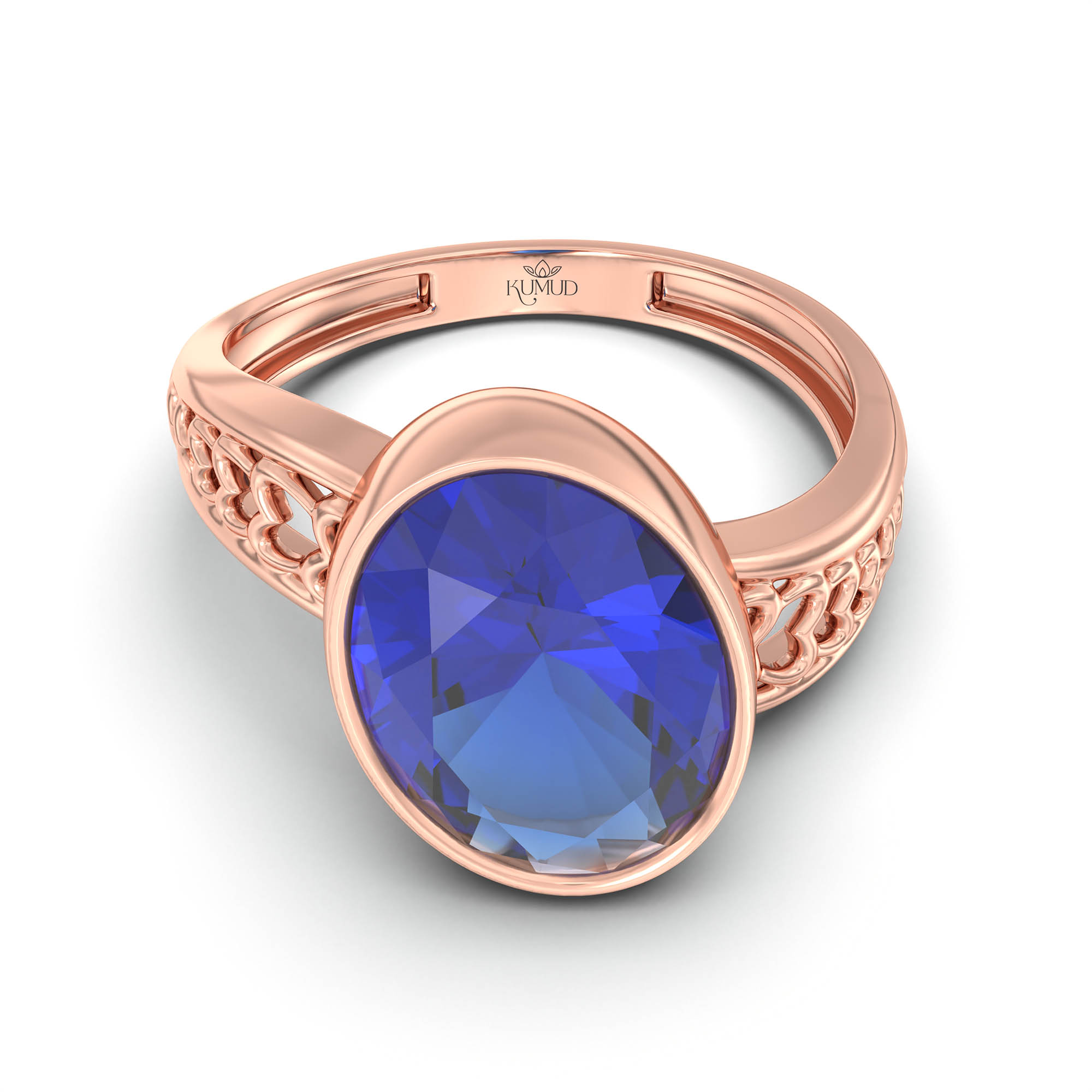 Blue Sapphire (Neelam) Ring for Women in 18K Rose Gold – Oval 11x8 mm, Bezel Setting, 4 g (Design K14-4) thumbnail