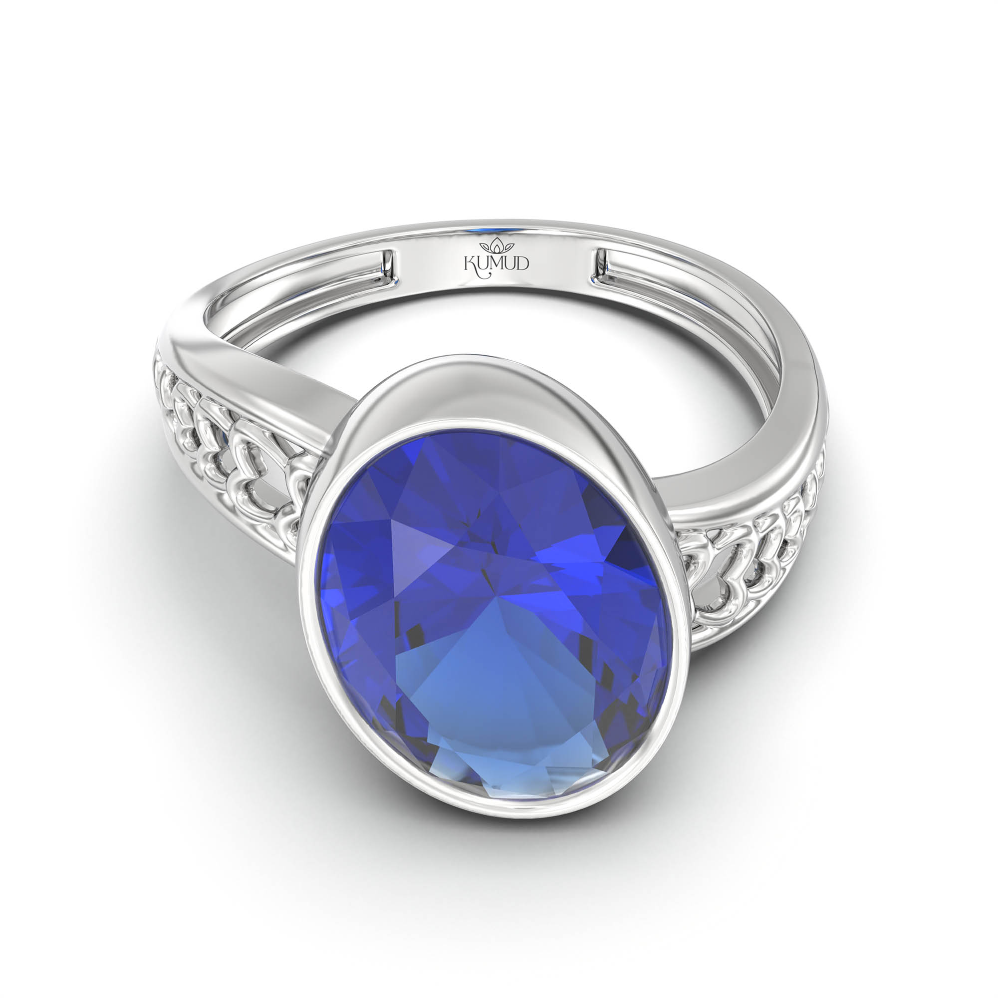Blue Sapphire (Neelam) Ring for Women in 18K White Gold – Oval 11x8 mm, Bezel Setting, 4 g (Design K14-4) thumbnail
