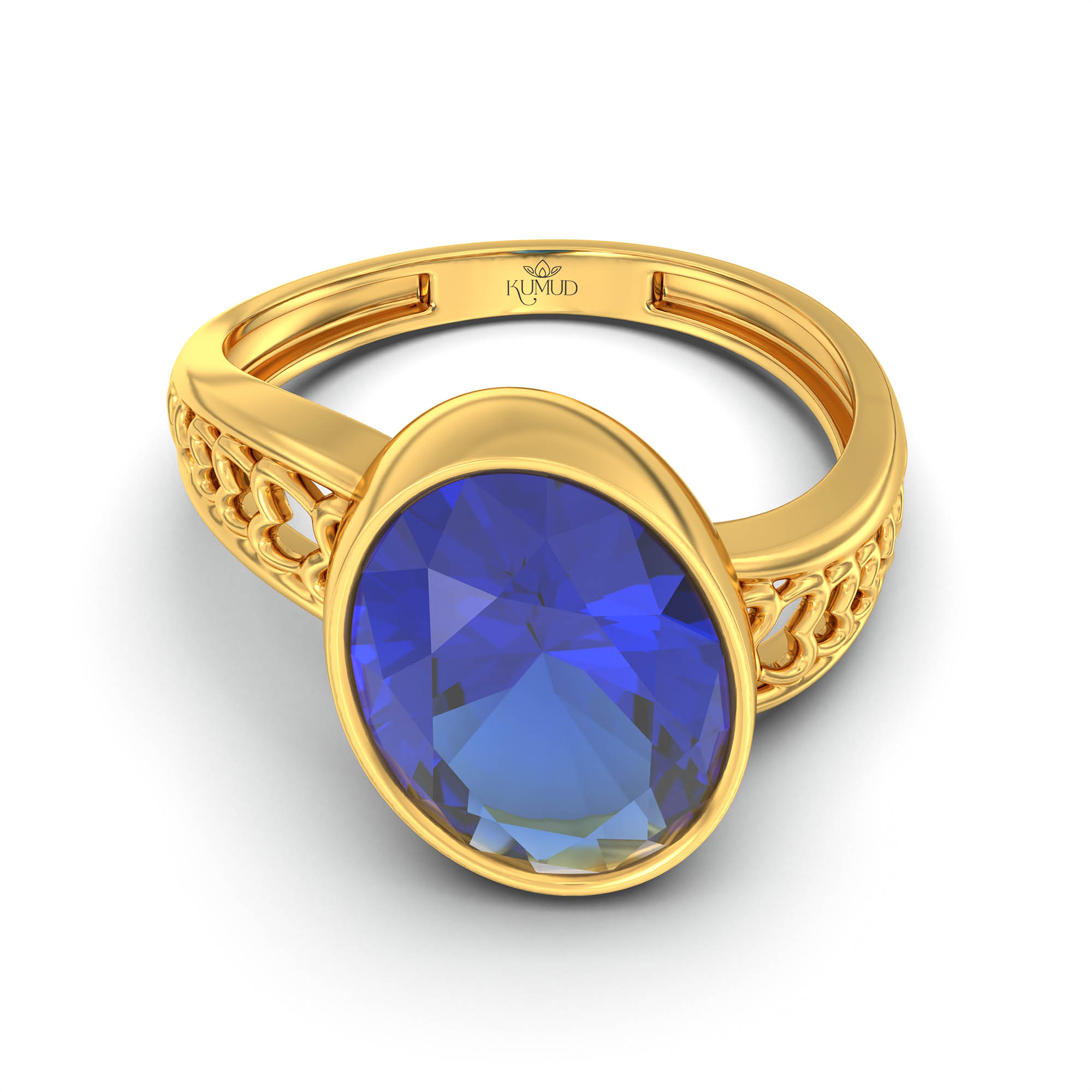 Blue Sapphire (Neelam) Ring for Women in 22K Yellow Gold – Oval 11x8 mm, Bezel Setting, 4 g (Design K14-4) thumbnail
