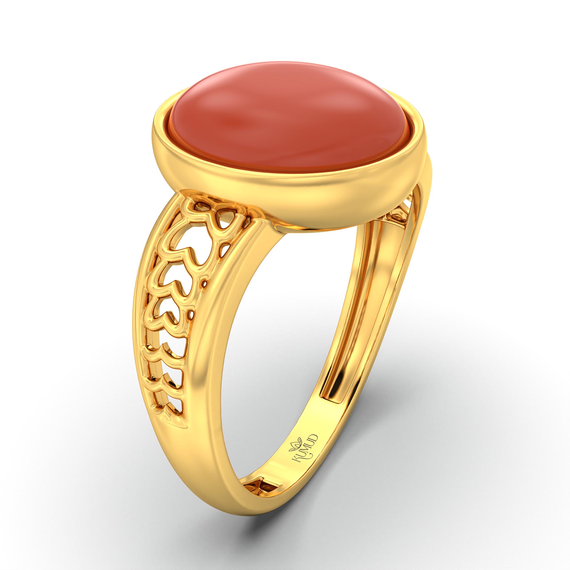 Red Coral (Moonga) Ring for Women in 22K Yellow Gold – Oval Cabochon 11x8 mm, Bezel Setting, 4 g (Design K14-4) thumbnail