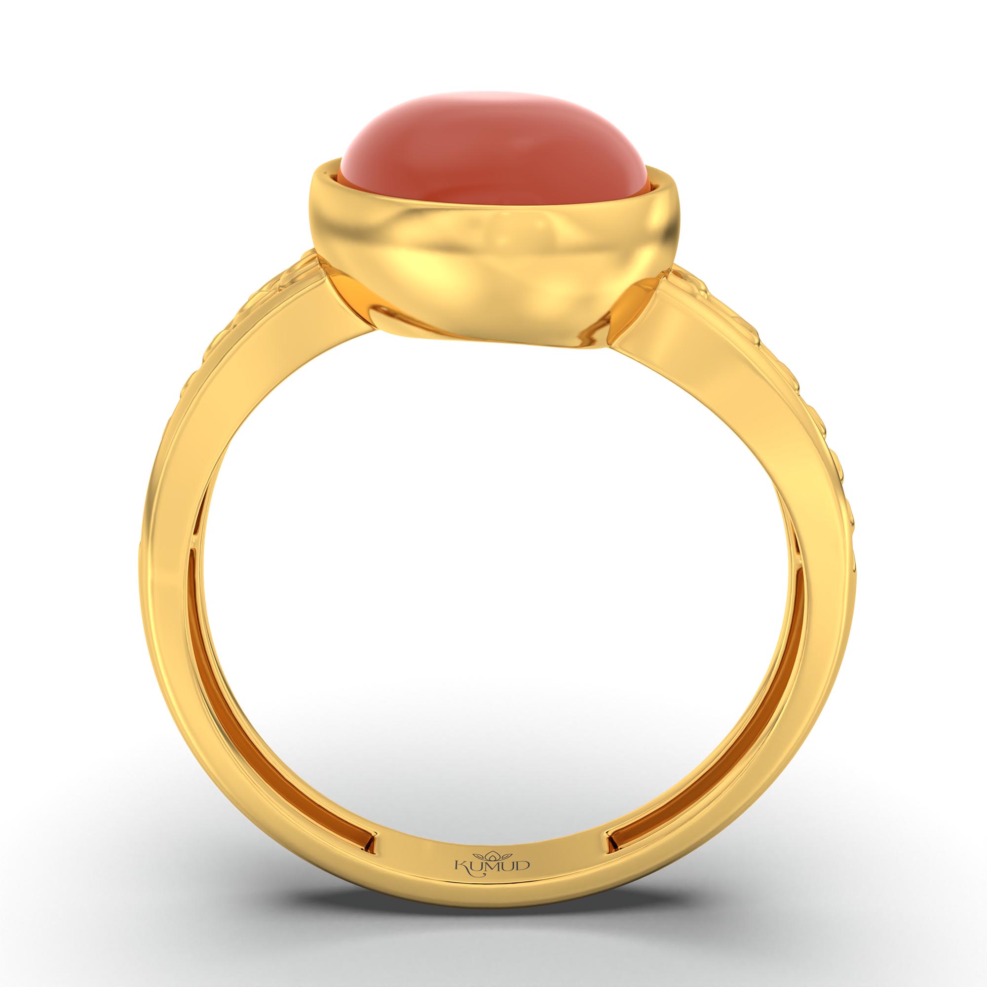 Red Coral (Moonga) Ring for Women in 22K Yellow Gold – Oval Cabochon 11x8 mm, Bezel Setting, 4 g (Design K14-4) thumbnail