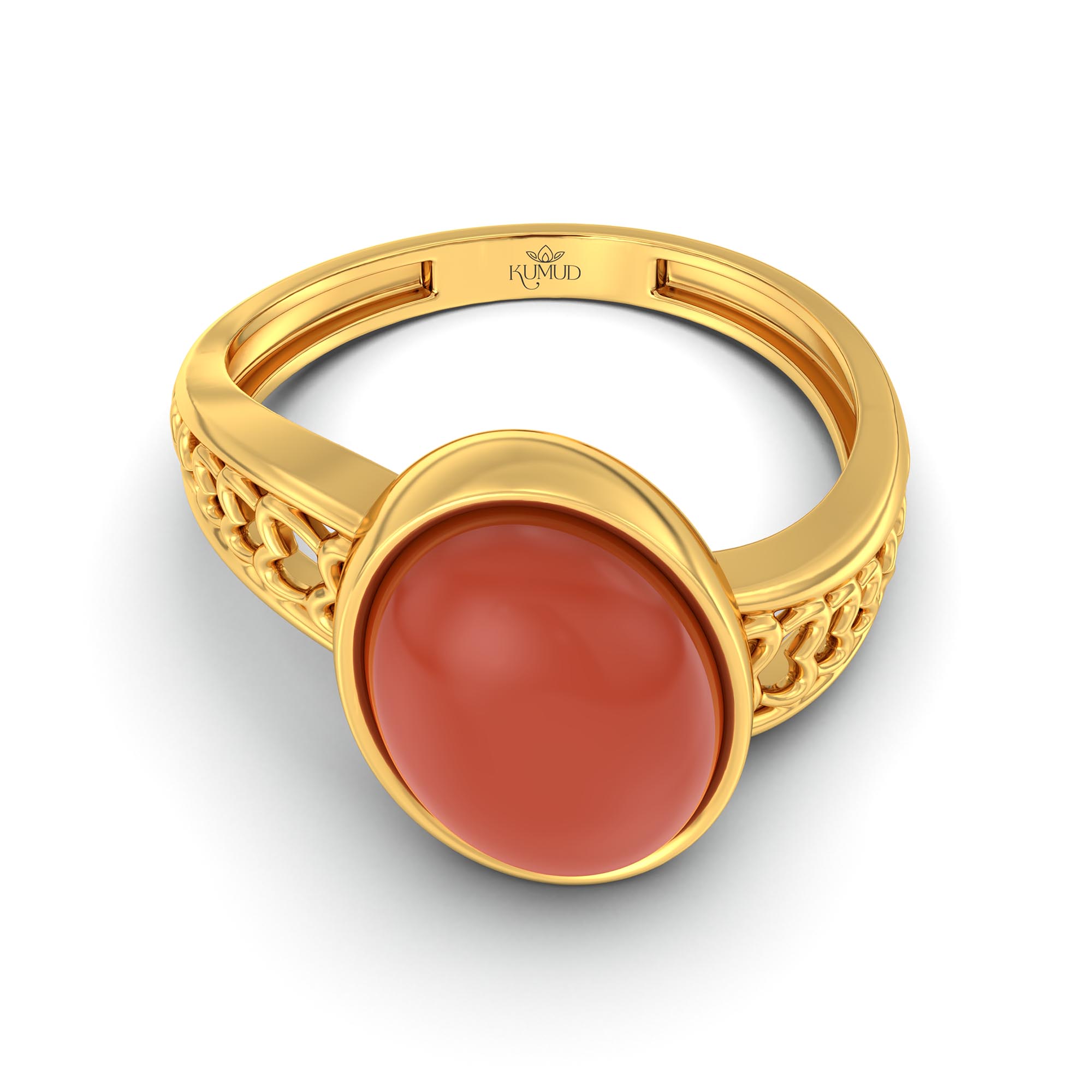 Red Coral (Moonga) Ring for Women in 22K Yellow Gold – Oval Cabochon 11x8 mm, Bezel Setting, 4 g (Design K14-4) thumbnail
