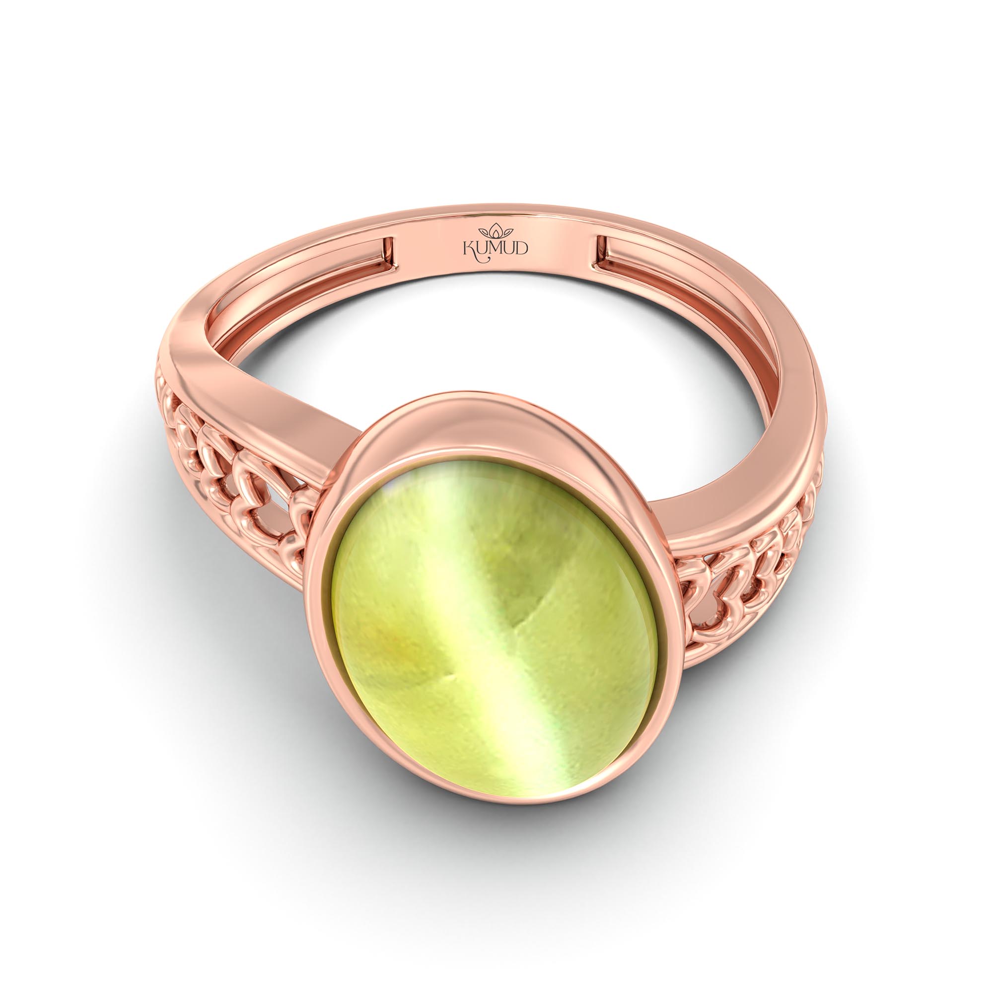 Cat's Eye (Lehsunia) Ring for Women in 18K Rose Gold – Oval Cabochon 11x8 mm, Bezel Setting, 4 g (Design K14-4) thumbnail