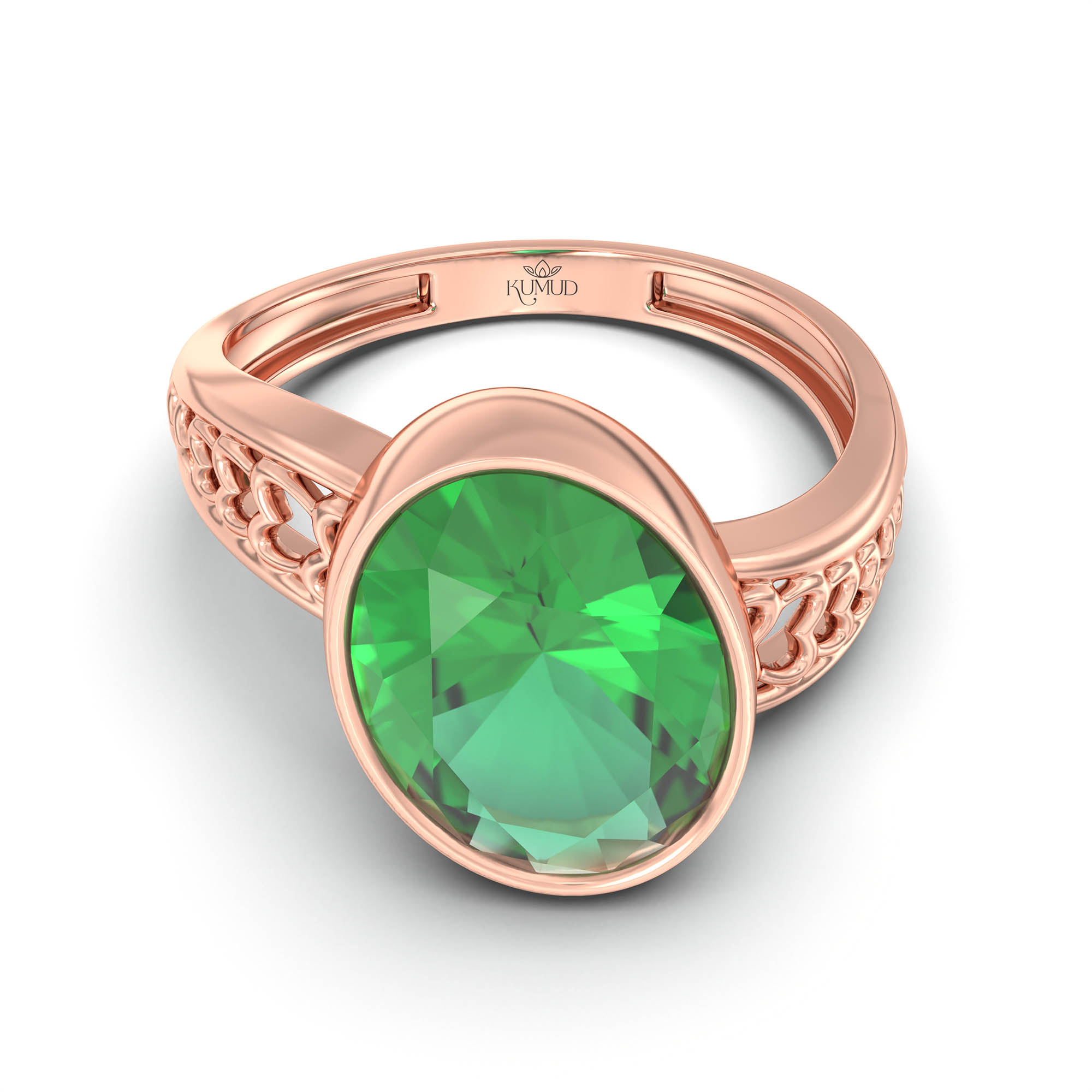 Emerald (Panna) Ring for Women in 18K Rose Gold – Oval 11x8 mm, Bezel Setting, 4 g (Design K14-4) thumbnail