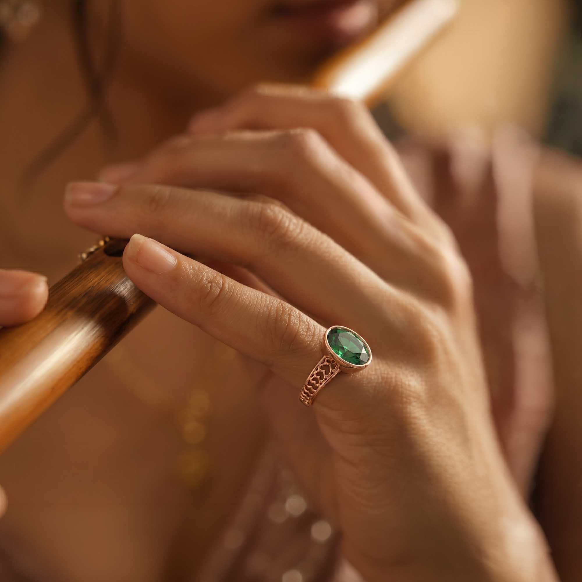 Emerald (Panna) Ring for Women in 18K Rose Gold – Oval 11x8 mm, Bezel Setting, 4 g (Design K14-4) thumbnail