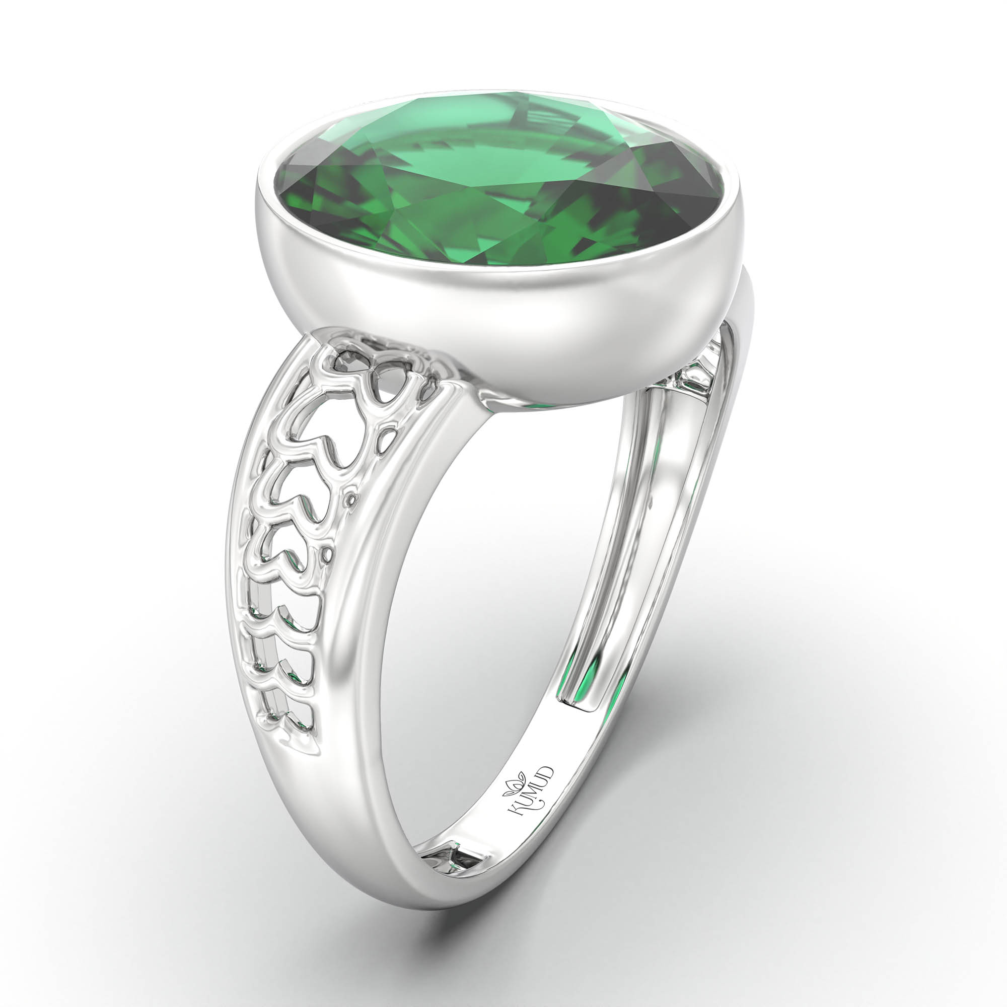 Emerald (Panna) Ring for Women in 18K White Gold – Oval 11x8 mm, Bezel Setting, 4 g (Design K14-4) thumbnail