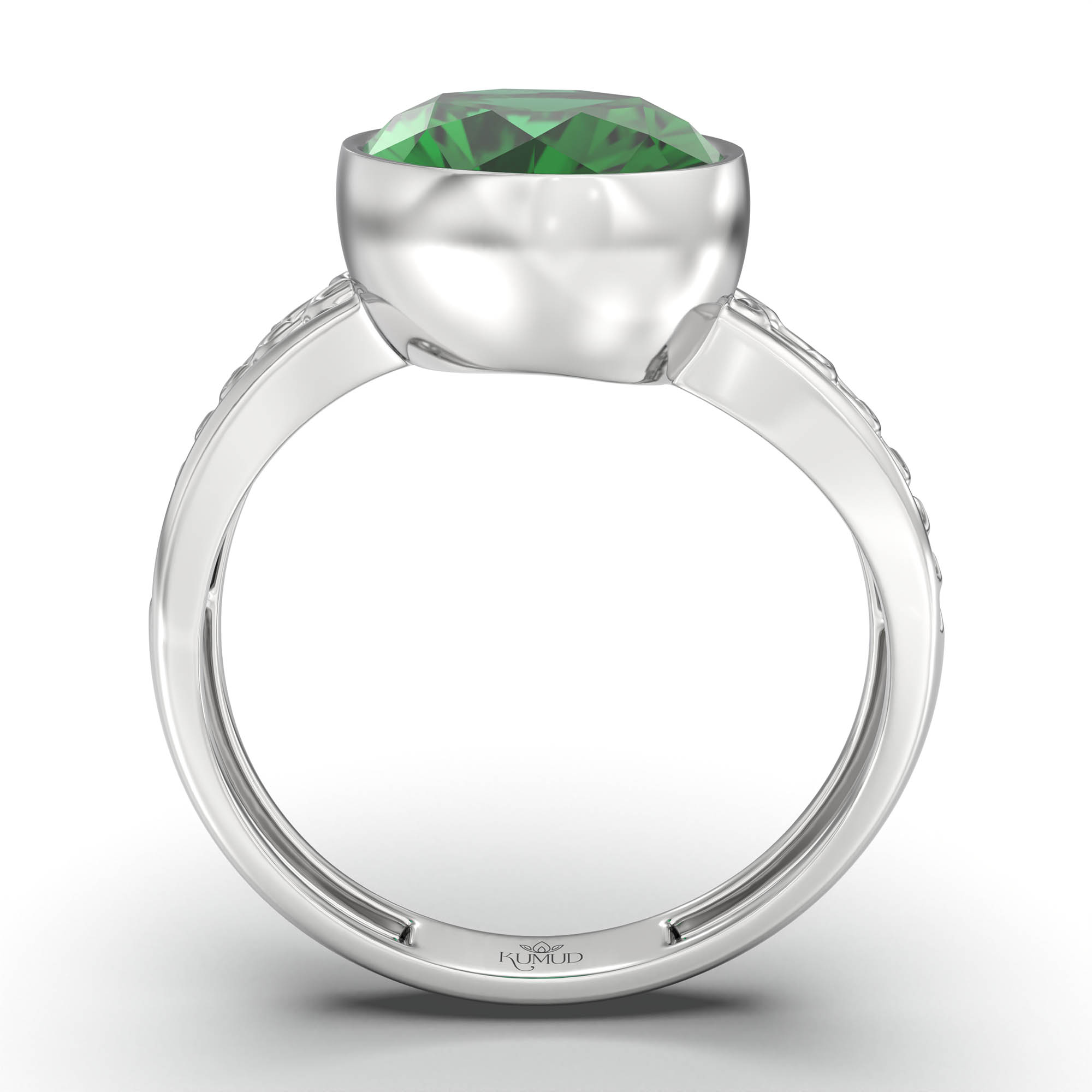 Emerald (Panna) Ring for Women in 18K White Gold – Oval 11x8 mm, Bezel Setting, 4 g (Design K14-4) thumbnail